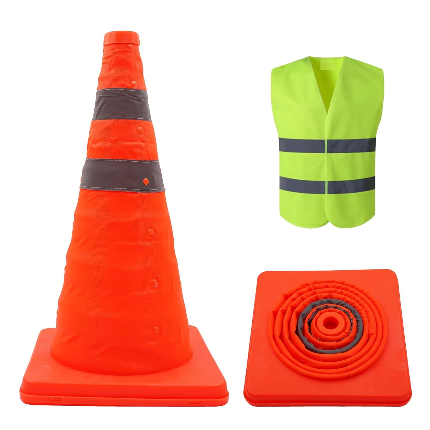 18'' Collapsible Traffic Safety Cones with Reflective Strip & 1 Reflective Vest
