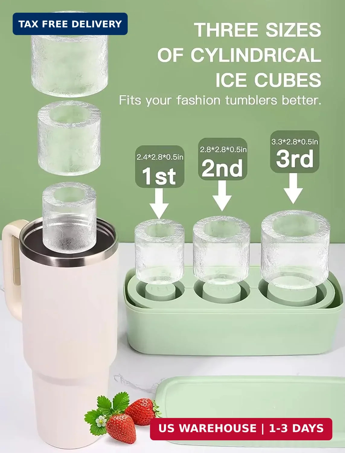 Ice Cube Tray for Stanley Cup, Silicone Ice Mould with Lid & Bin, Long Ice Cubes
