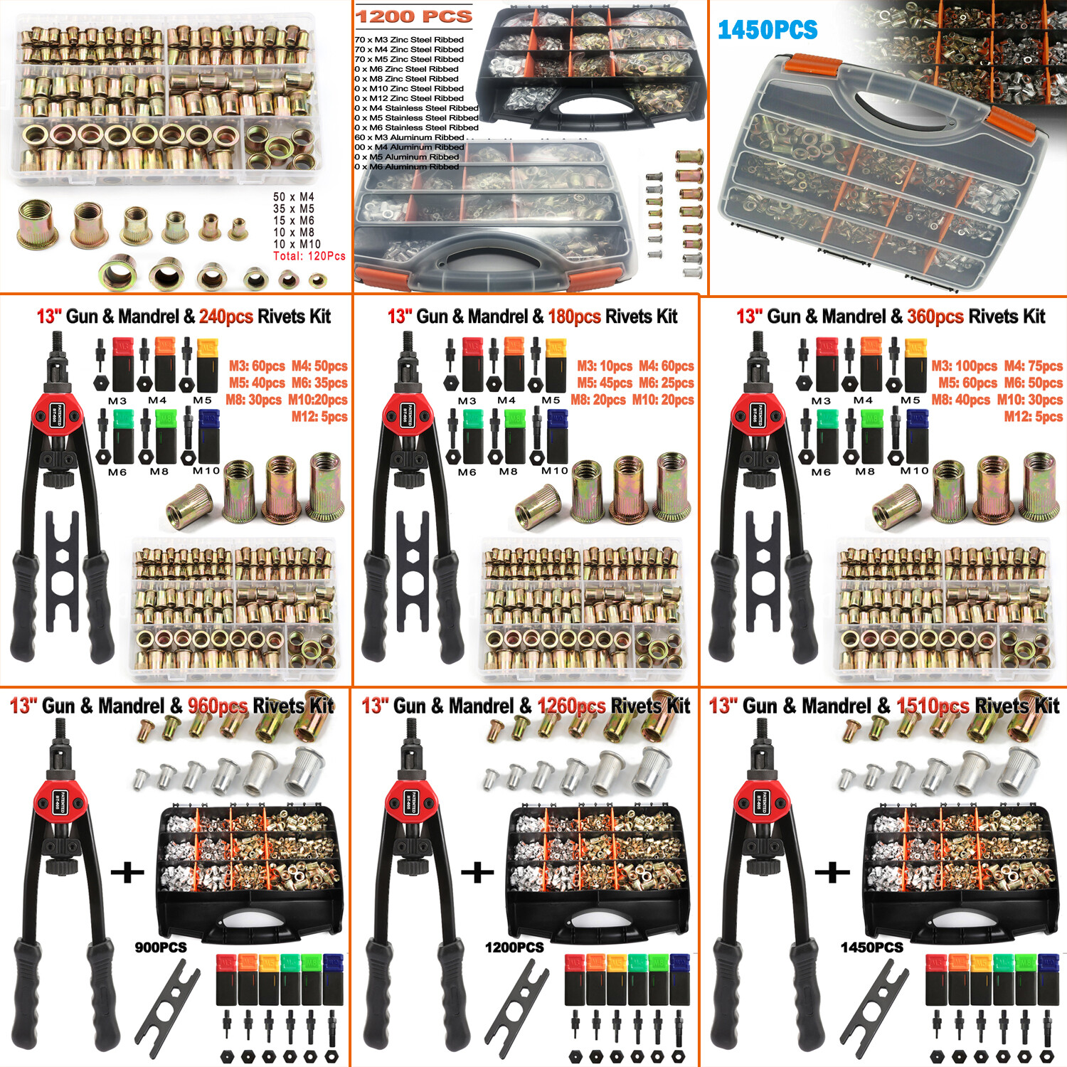 120/900/1450 Nuts or Rivet Gun Kit Rivnut Thread Setting Tool Nut Setter NutSert