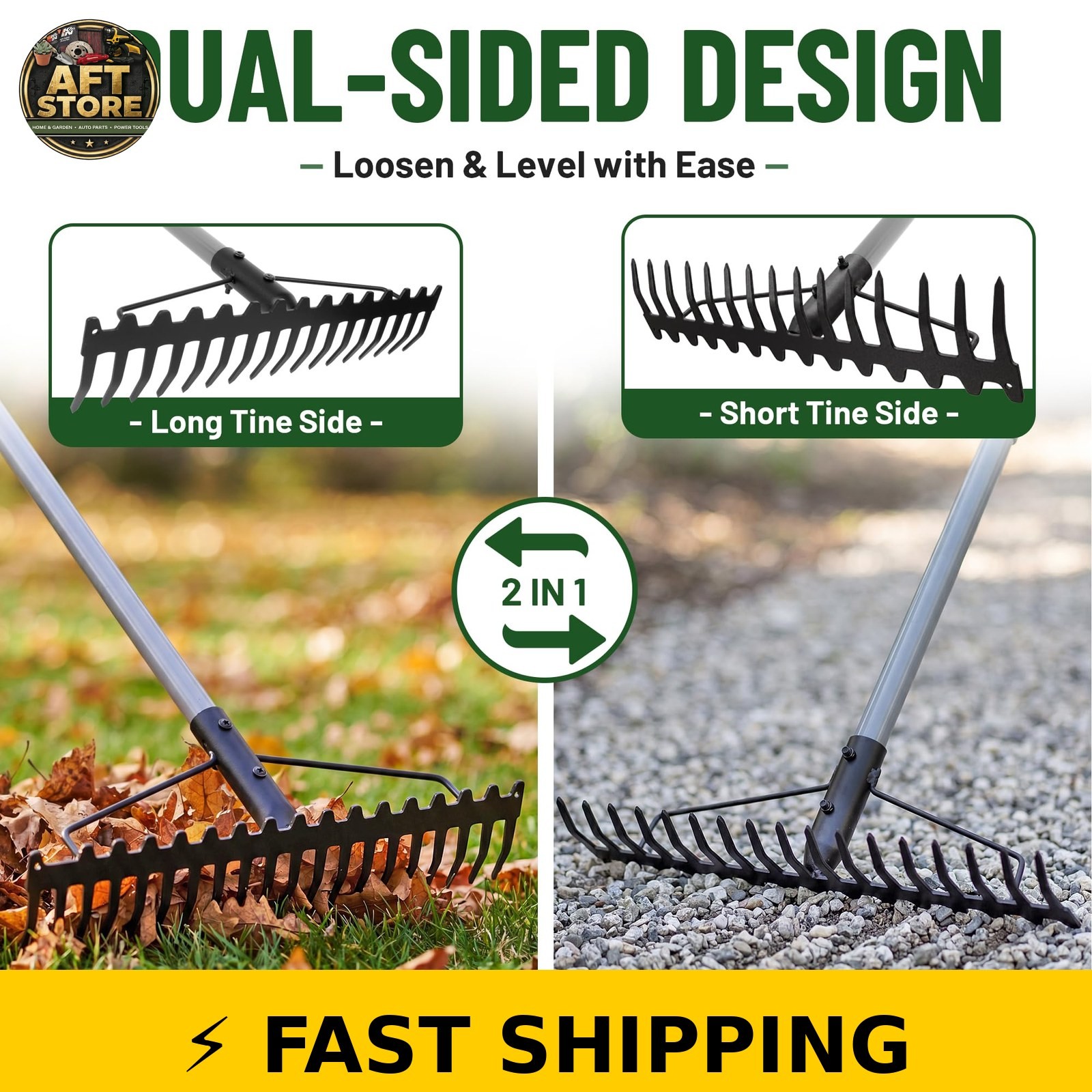 Walensee Dual-Sided Bow Rake with 63" Stainless Steel Handle