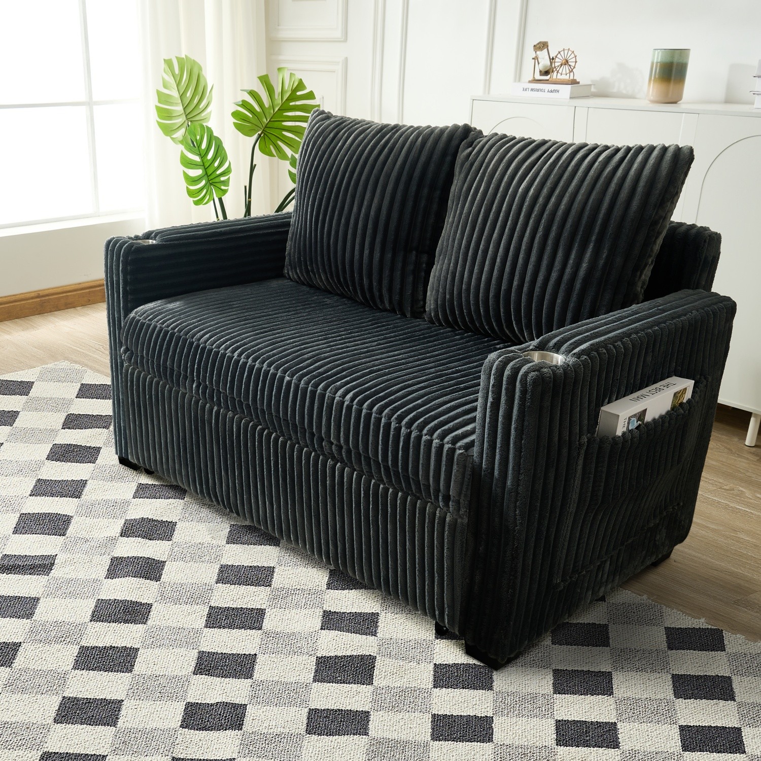 Convertible Sleeper Sofa Bed Corduroy Loveseat Sofa with Pull Out Bed & USB Port