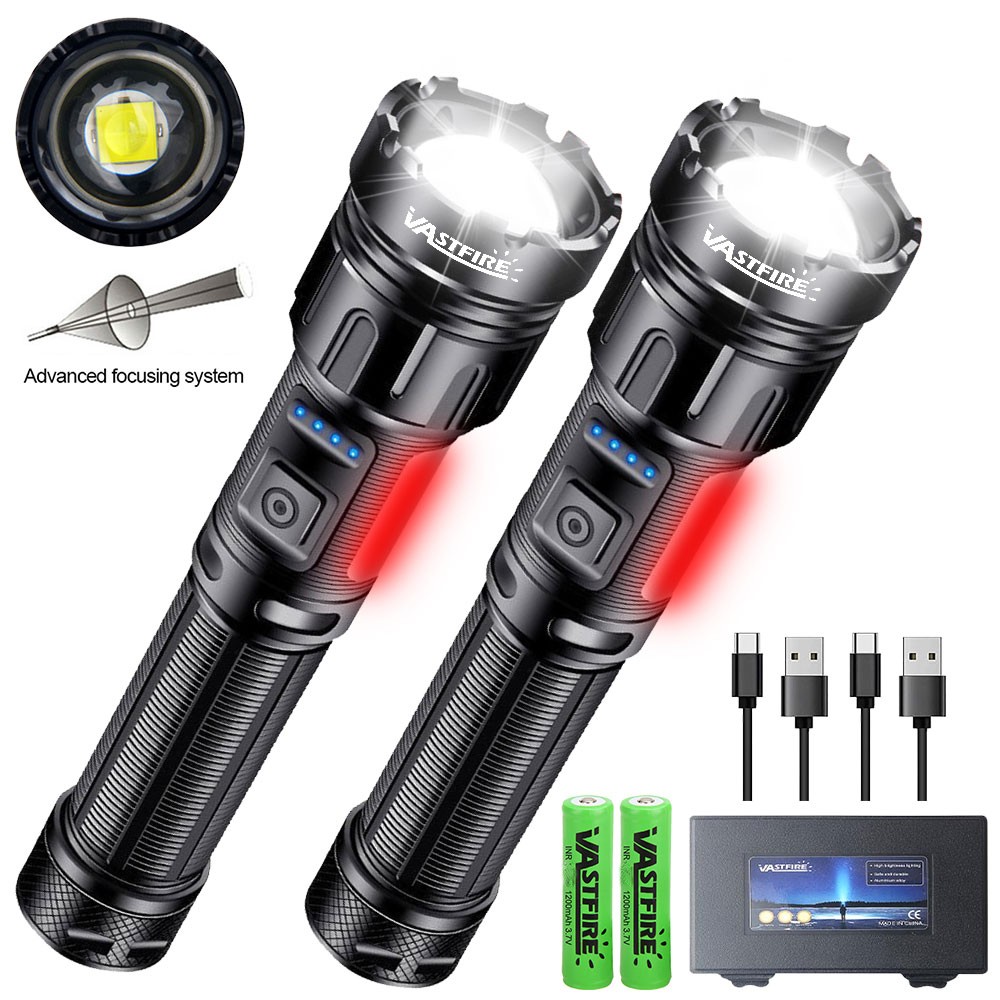 2PCS 20W LED Torch Zoomable Flashlight USB Rechargeable COB Soft White/Red Light
