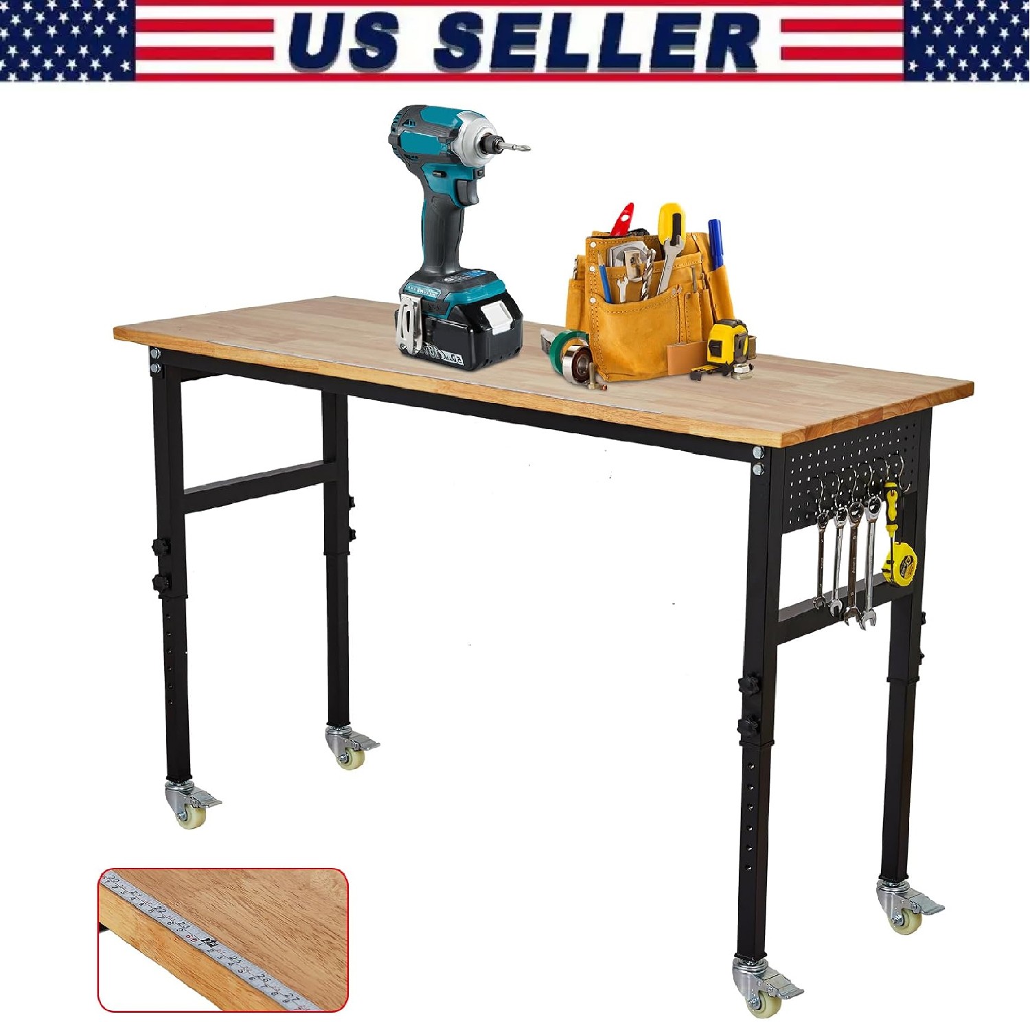 48"x24" Adjustable Workbench, Heavy Duty Work Bench Table with Pegboard & Wheels