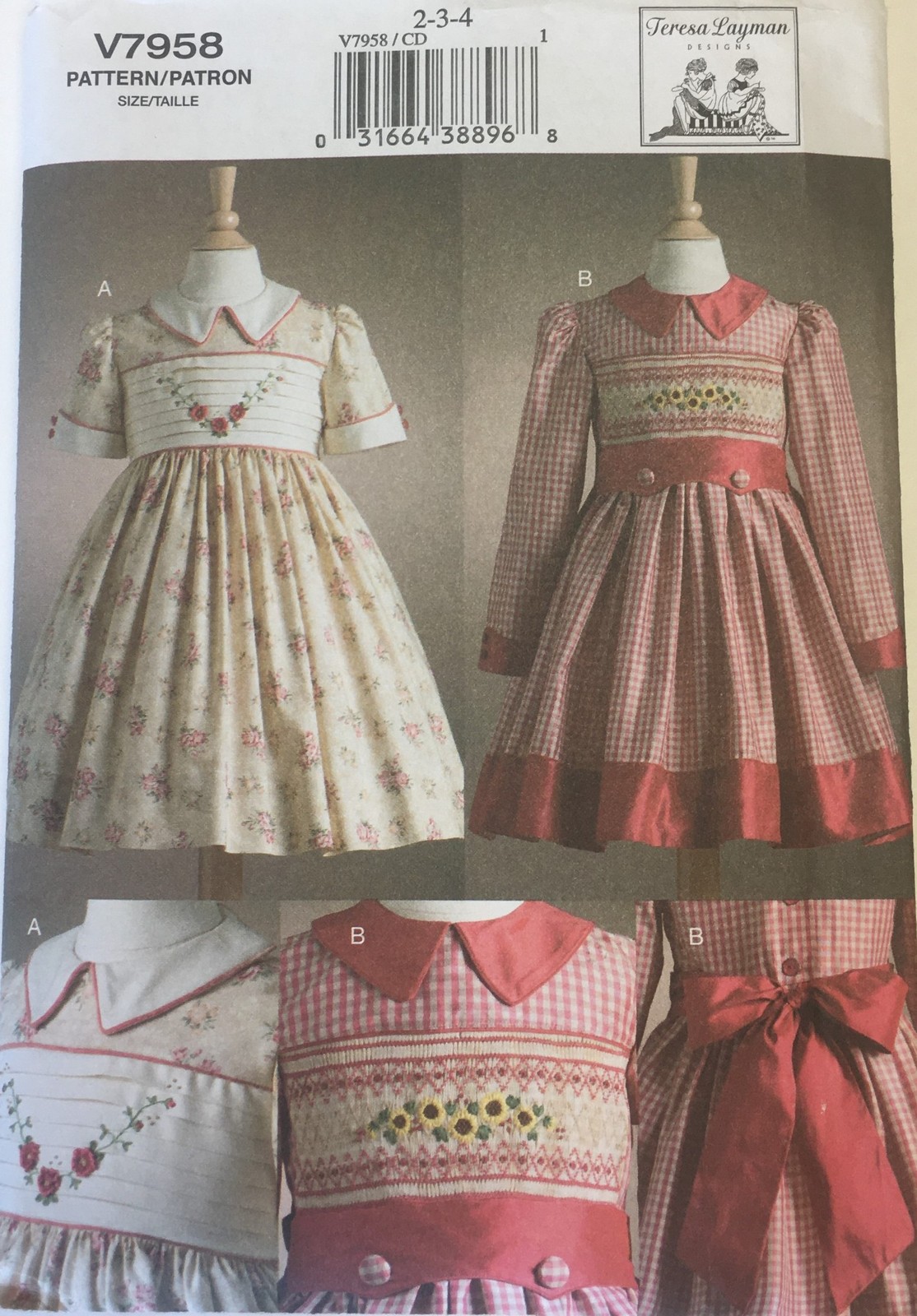 Vogue Sewing Pattern 7958 Child sz 2-3-4 Dress & Transfer, Smocking & Embroidery