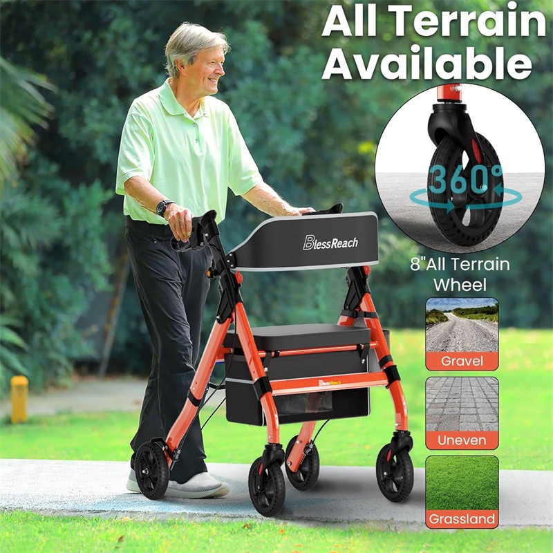 Foldable Rollator Walker 450 lb Capacity w/ 18" Seat & 8" Wheel Rolling Walker