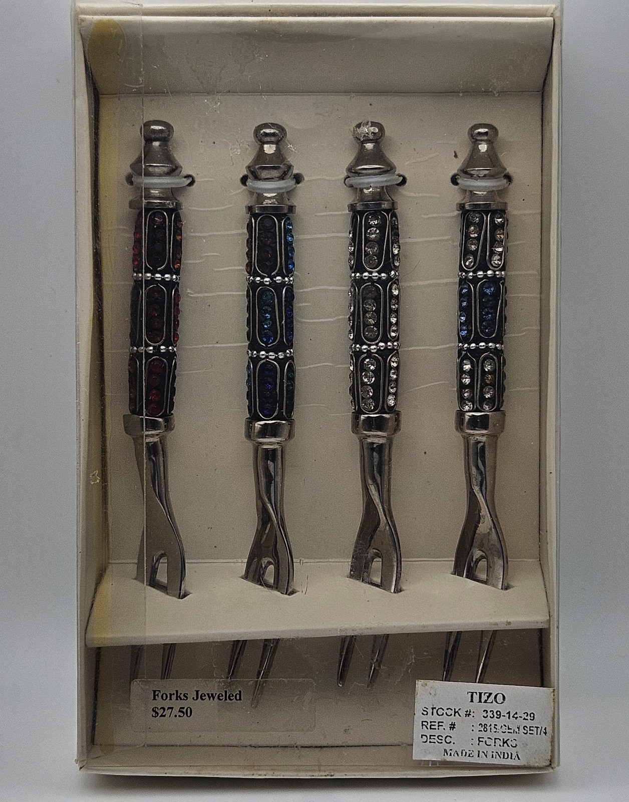 TIZO Jeweled Cocktail Forks Set of 4 Rhinestone Handles Made in India NIB