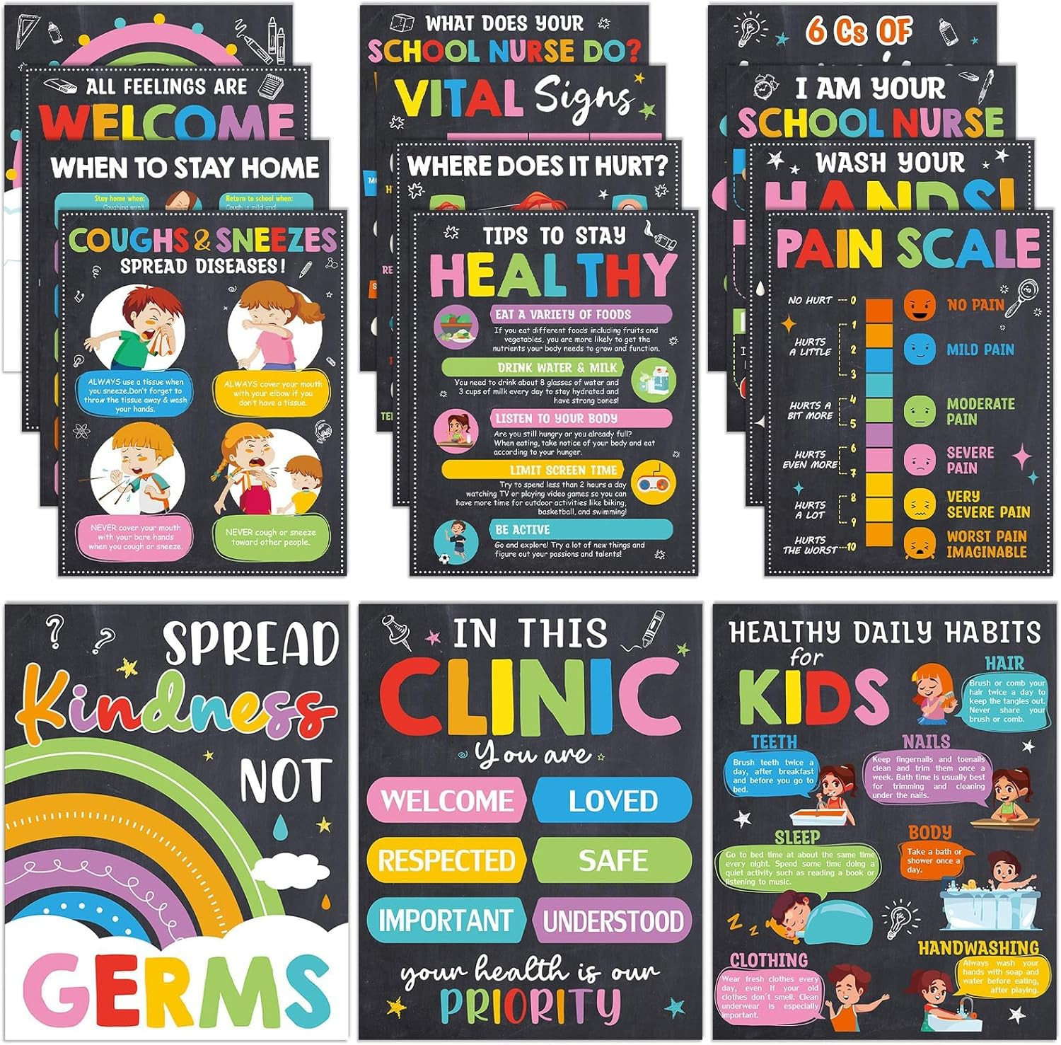 15 Health Education Posters for School Nurse Office Decor, 11x14 Inch