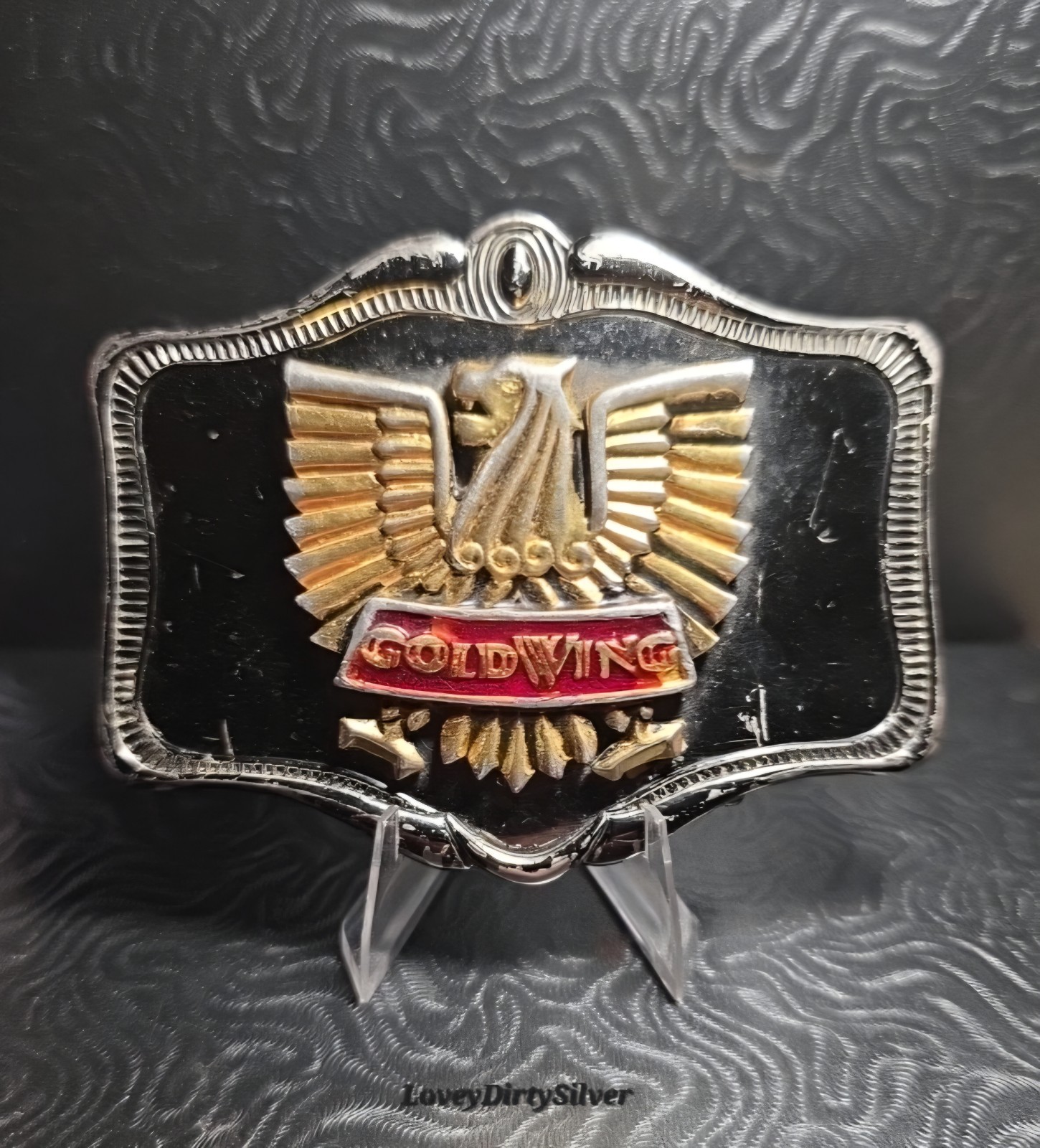 1980 HONDA Belt Buckle Classic GOLDWING INTERSTATE  w Large Black Leather Belt