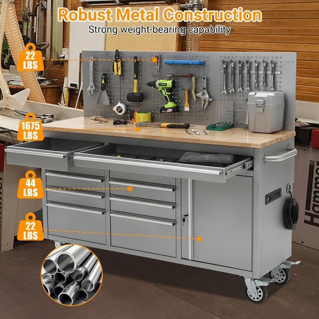 61-inch Rolling Workbench 10 Drawers Garage Workbench Storage Tool Cabinet