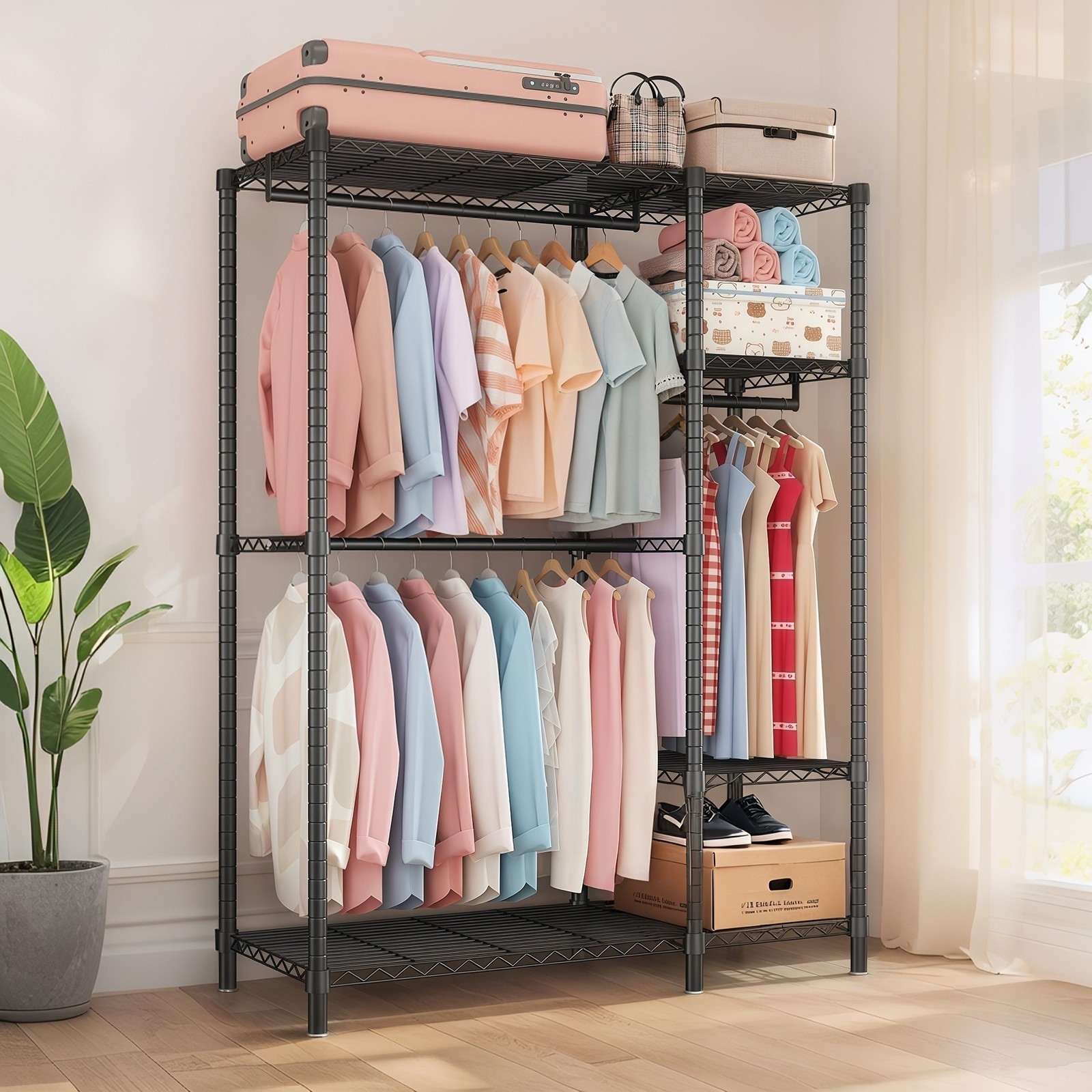 Heavy Duty 6 Shelf 3 Rail Freestanding Clothes Rack Organizer Black