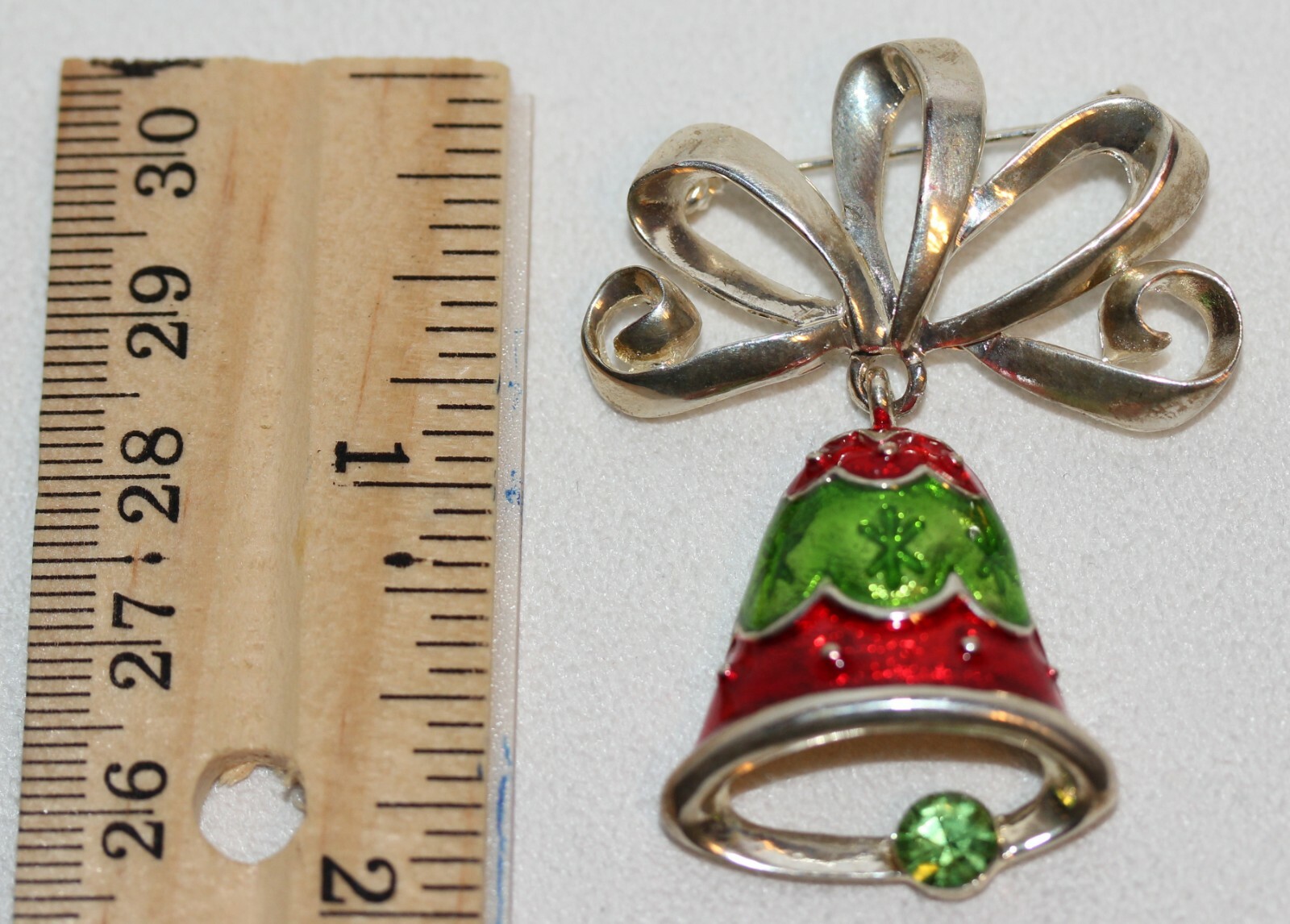 Christmas Holiday Charm Silver Bell Bow Pin Brooch Costume Jewelry