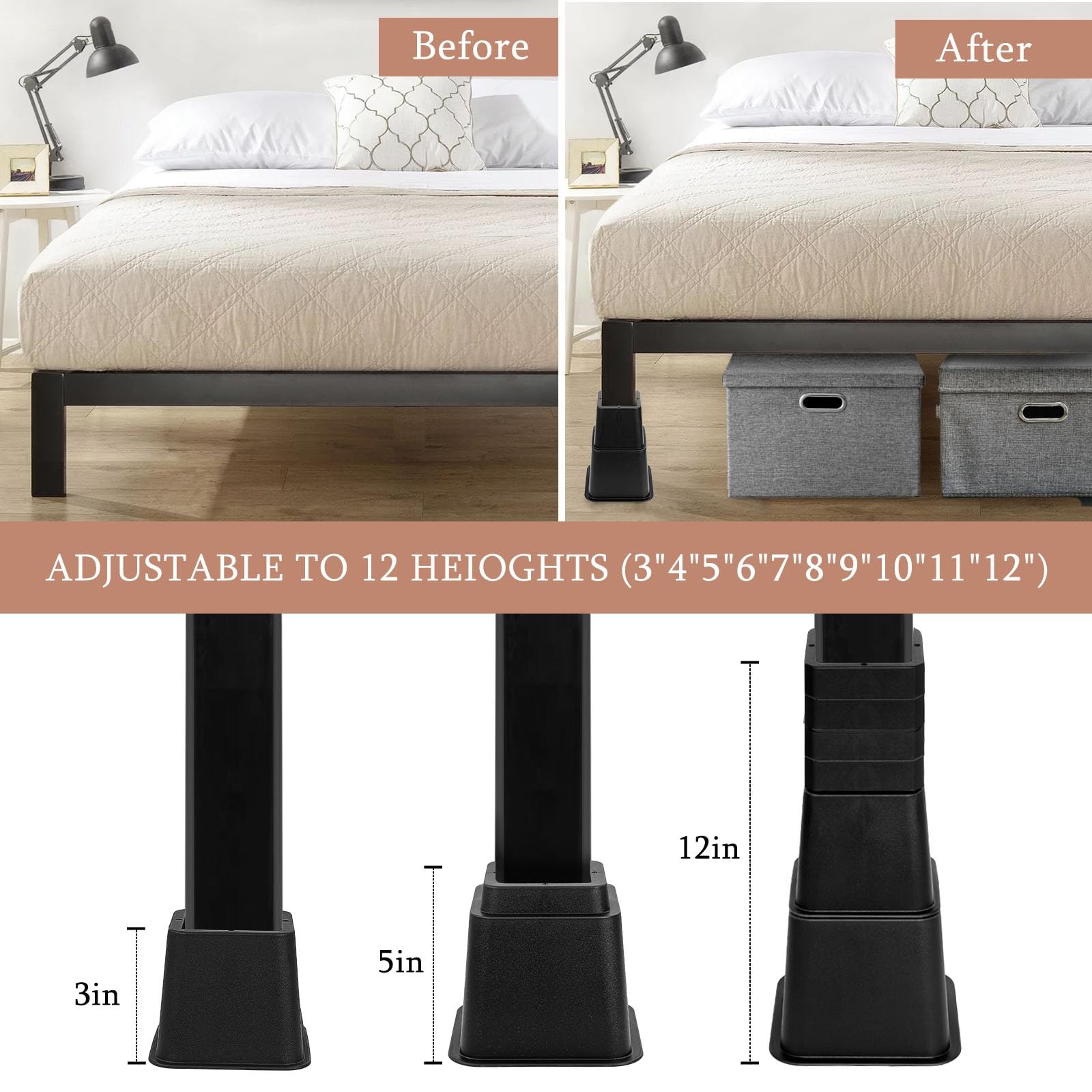 Adjustable Bed Risers Heavy Duty Elevation 3 to 12 Inch 24 PCS Pack Black