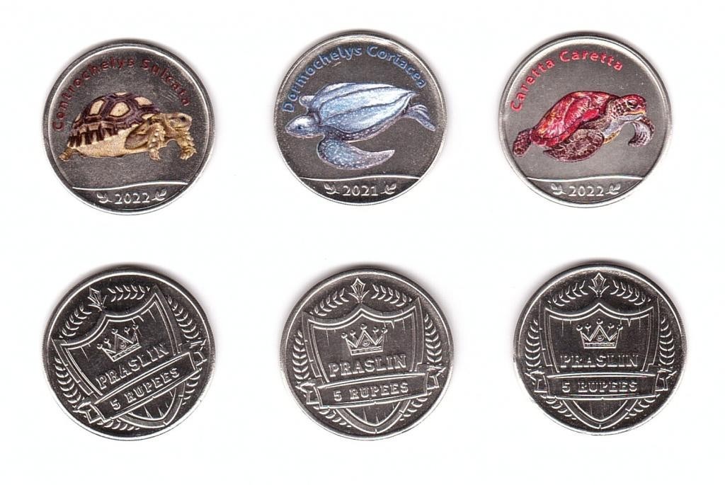 Praslin - set 3 coins x 5 Rupees 2021 - 2022 UNC turtles Lemberg-Zp
