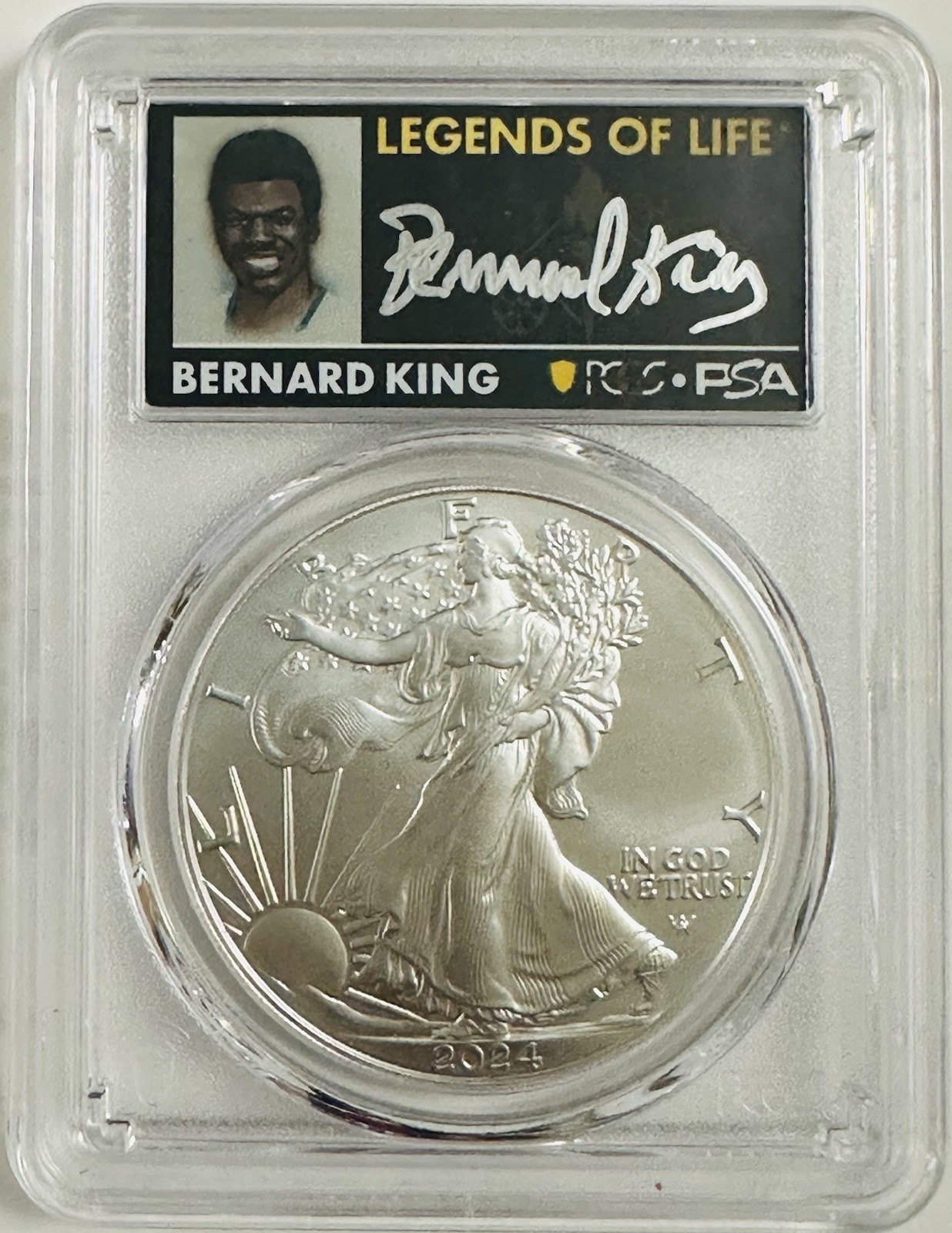 2024 $1 Silver Eagle PCGS MS70 FS Legends of Life Bernard King # OA 129