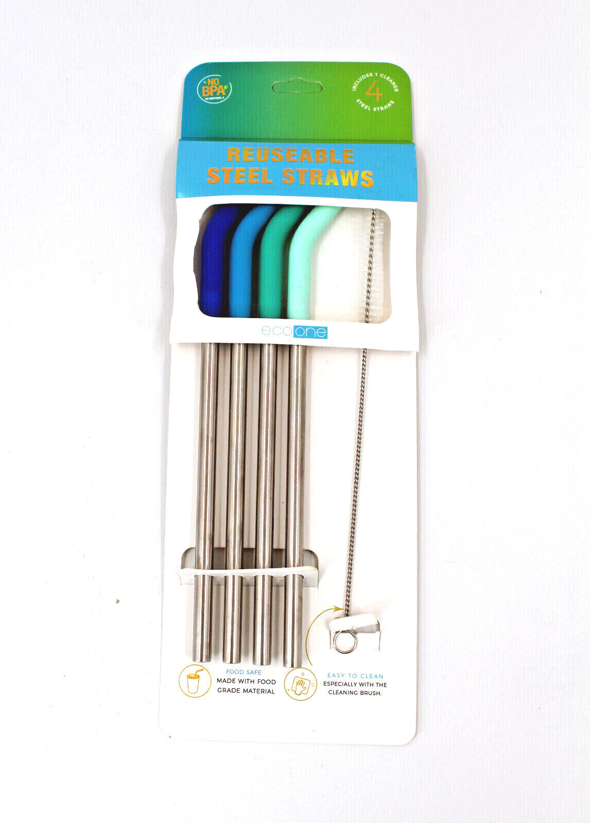 ECO ONE Steel Straws Curved Reusable 4 Pack Dishwasher Safe Cleaning Bush NEW!