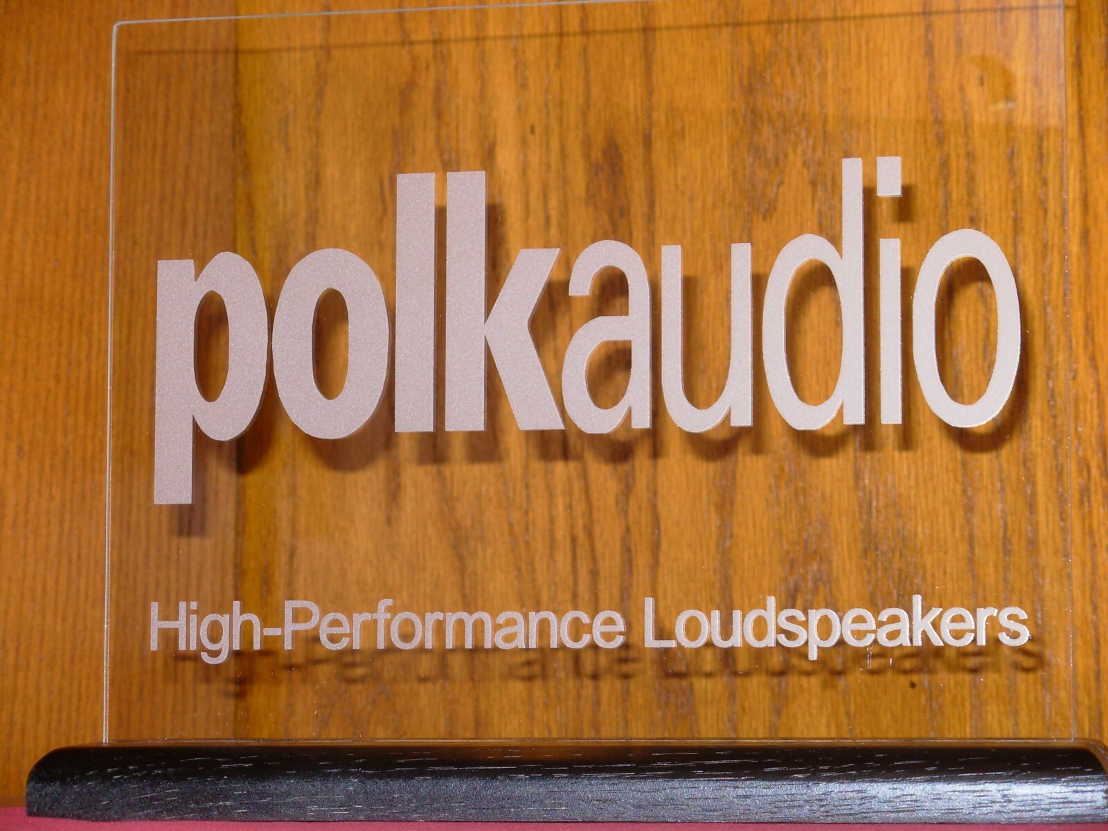 POLK AUDIO ETCHED GLASS SIGN W/BLACK OAK BASE