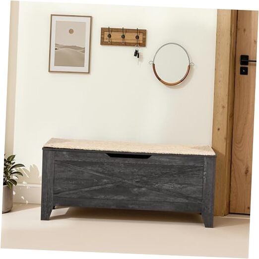 43.3" Storage Bench, Shoe Bench with Handwoven Wicker Cushion, 43.3"W Grey