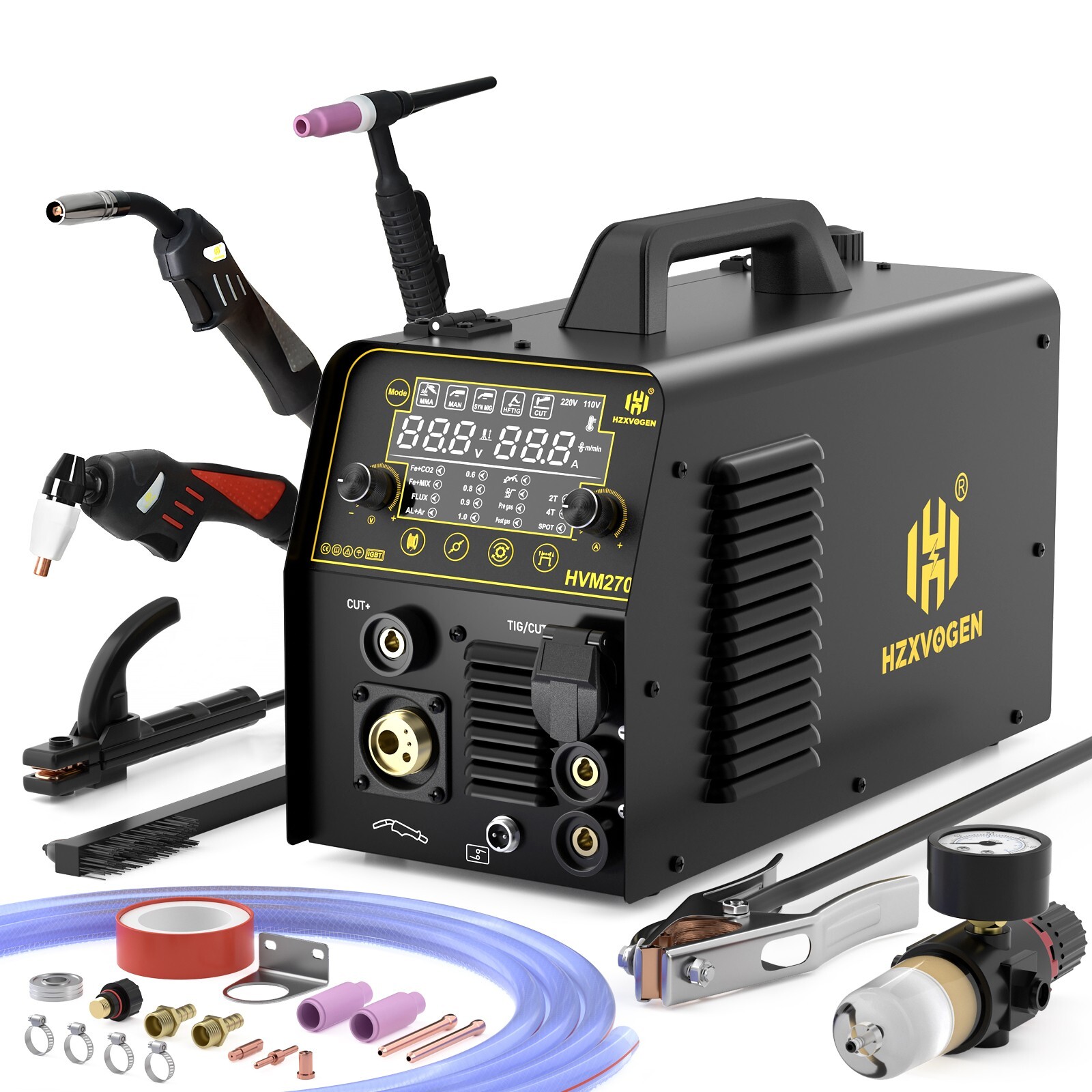 HZXVOGEN HVM270 6IN1 MIG/CUT/TIG/MMA Welder 220V 250A Gas/Gasless Plasma Cutter