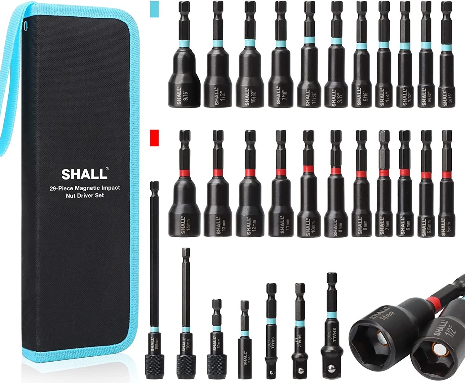SHALL 29PC Impact Magnetic Nut Drivers Set SAE & Metric Extra Long 1/4" Hex US