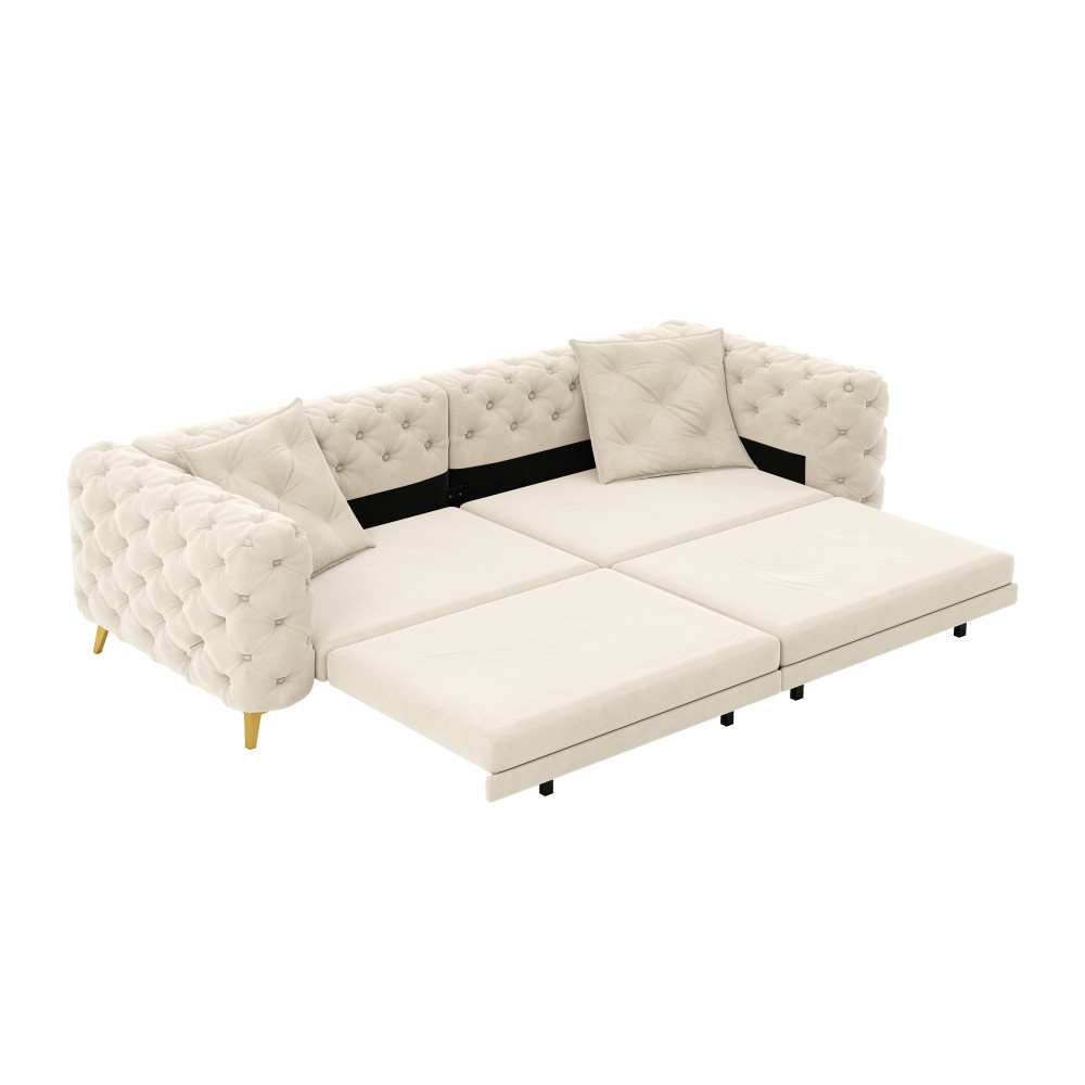 Convertible Sleeper Sofa Bed w Ottoman, Seats 4, Velvet, Beige/White