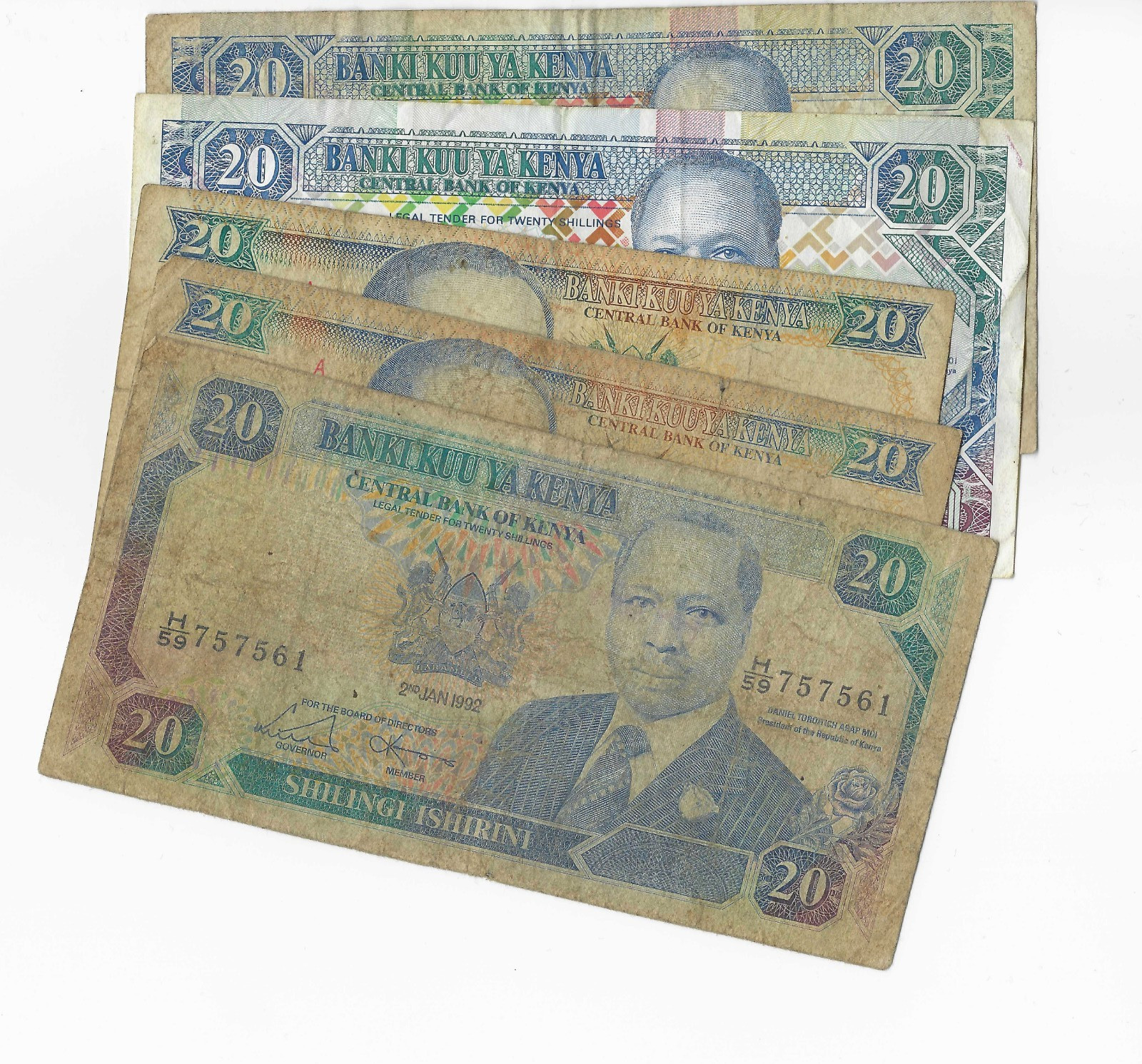Selection of 5x Vintage Kenyan Kenya 20 Shillings Notes