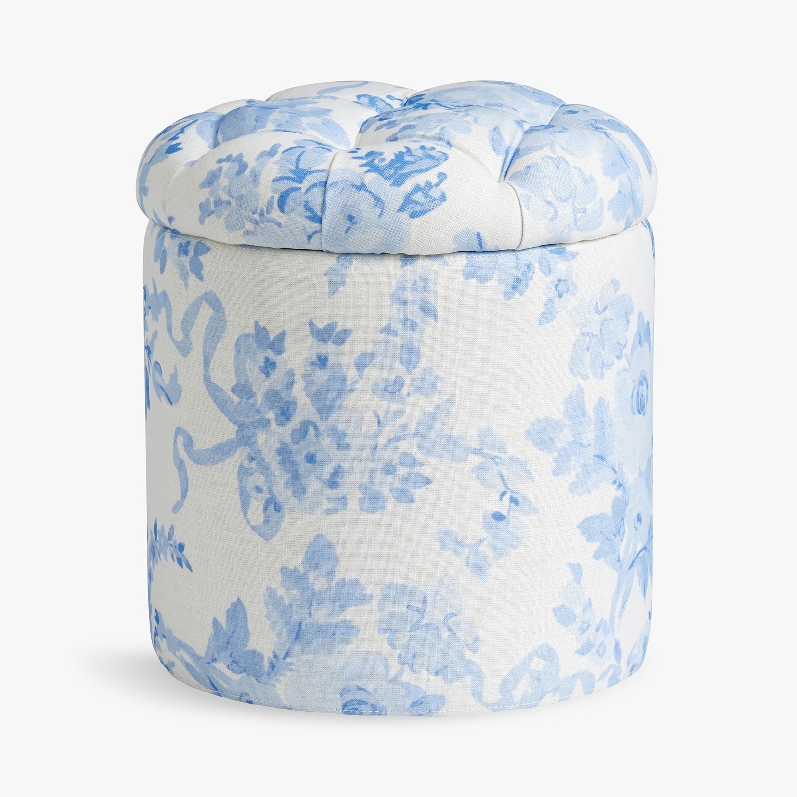 LoveShackFancy Tufted Round Storage Ottoman - Garden Damask Blue