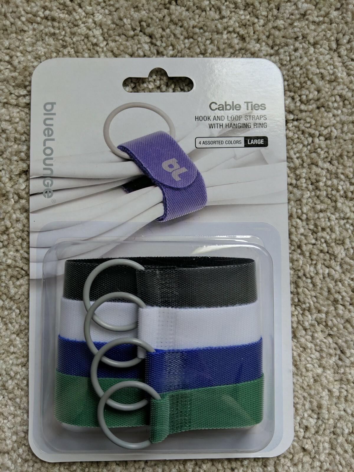 Large Multi Color Cable Tie Straps Reusable Hook & Loop 4 pk with hanging ring