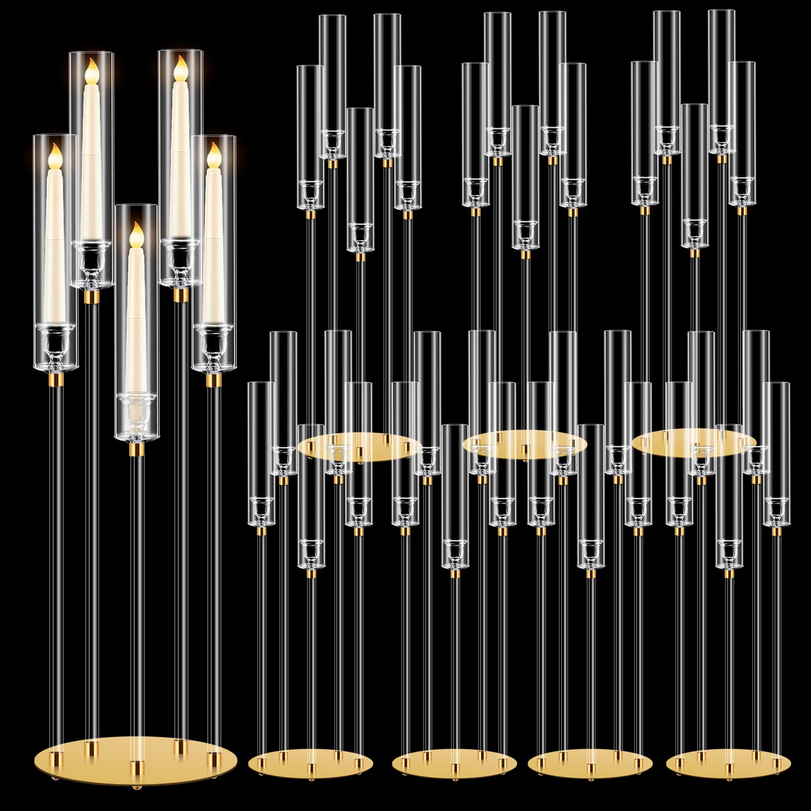 5 Arm Candelabra with Acrylic Lampshade Set of 8 Gold Candelabra for Wedding