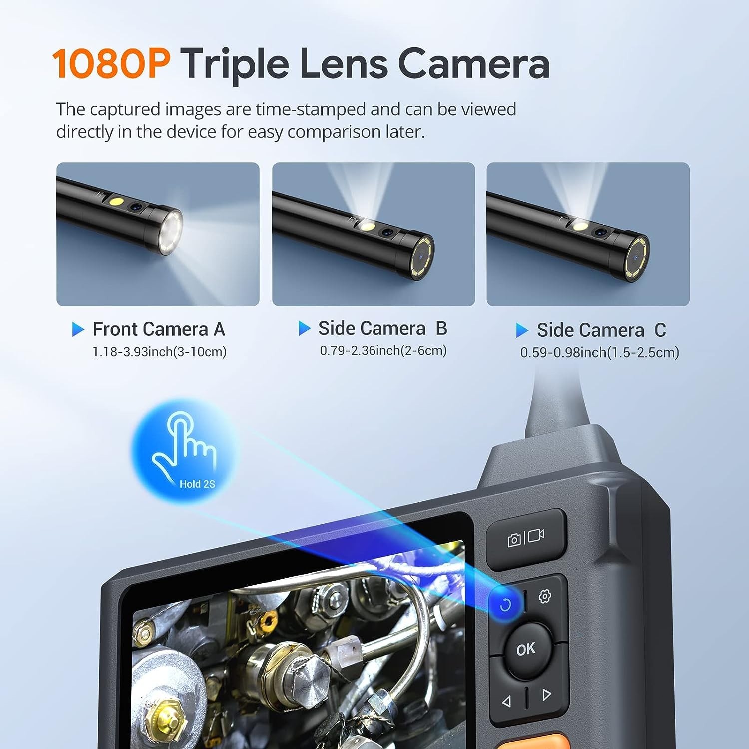 DEPSTECH Triple Lens Borescope Inspection Camera 5"Screen 1080P Endoscope Camera