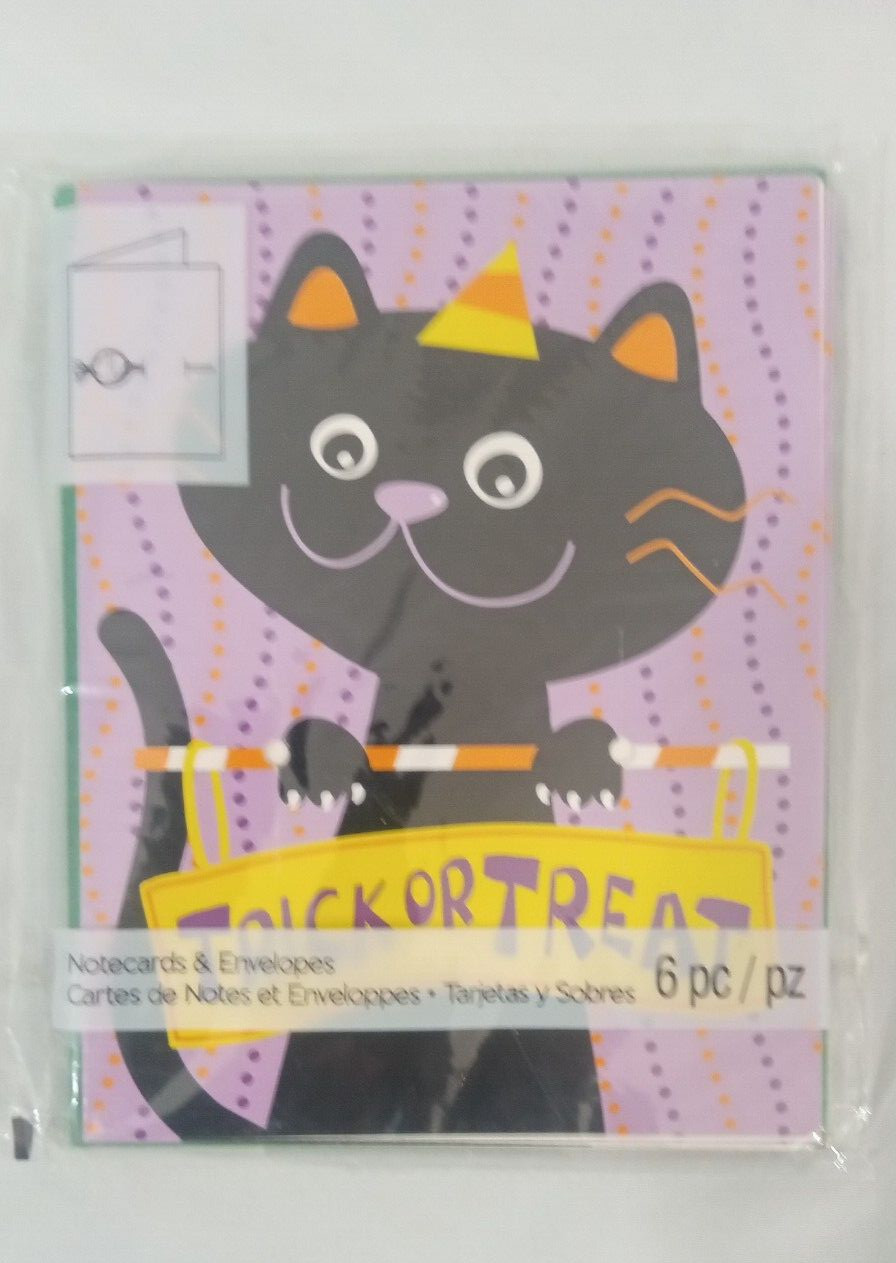 Studio 18 HALLOWEEN BLACK CAT NOTECARD 6 Piece SET w/Envelopes Trick or Treat