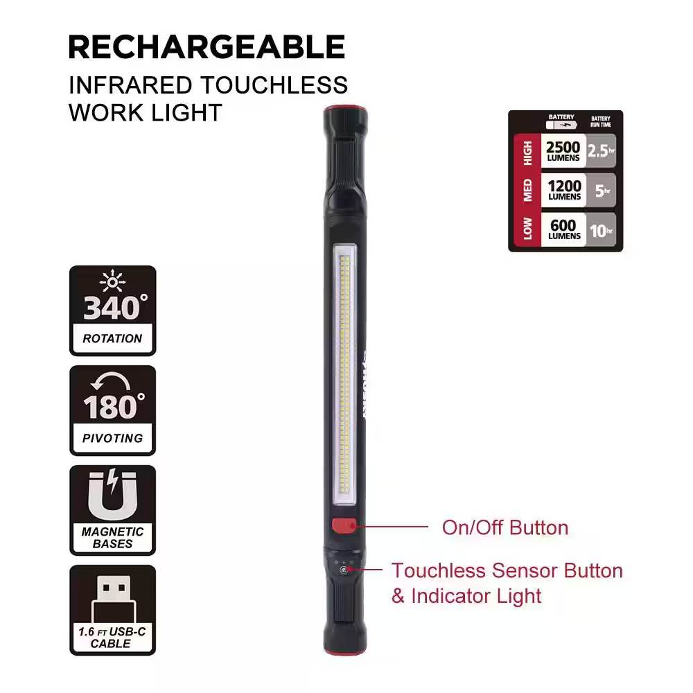 2500 Lm LED Rechargeable Infrared Touchless Work Light Battery Level Indicator N