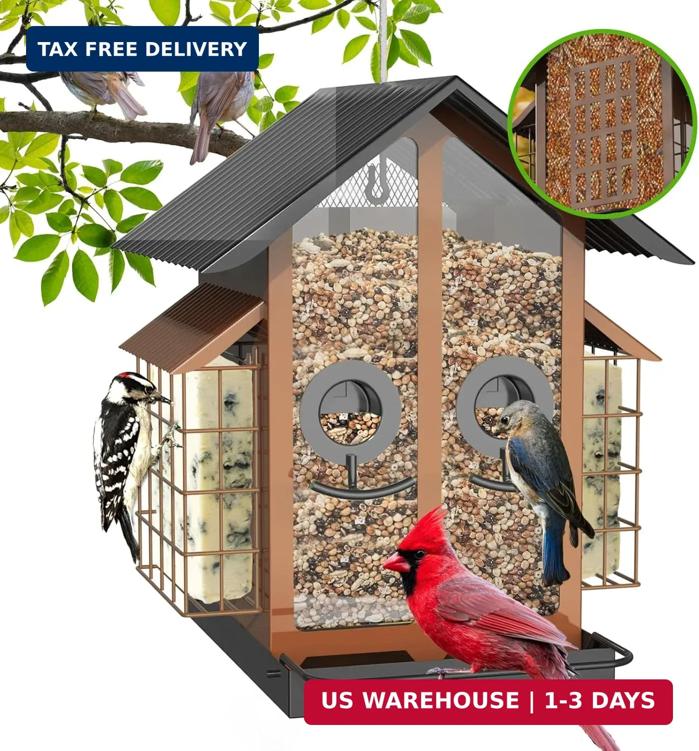Bird Feeders for Outdoors, Metal Bird Feeder with Double Suet Cage Wea
