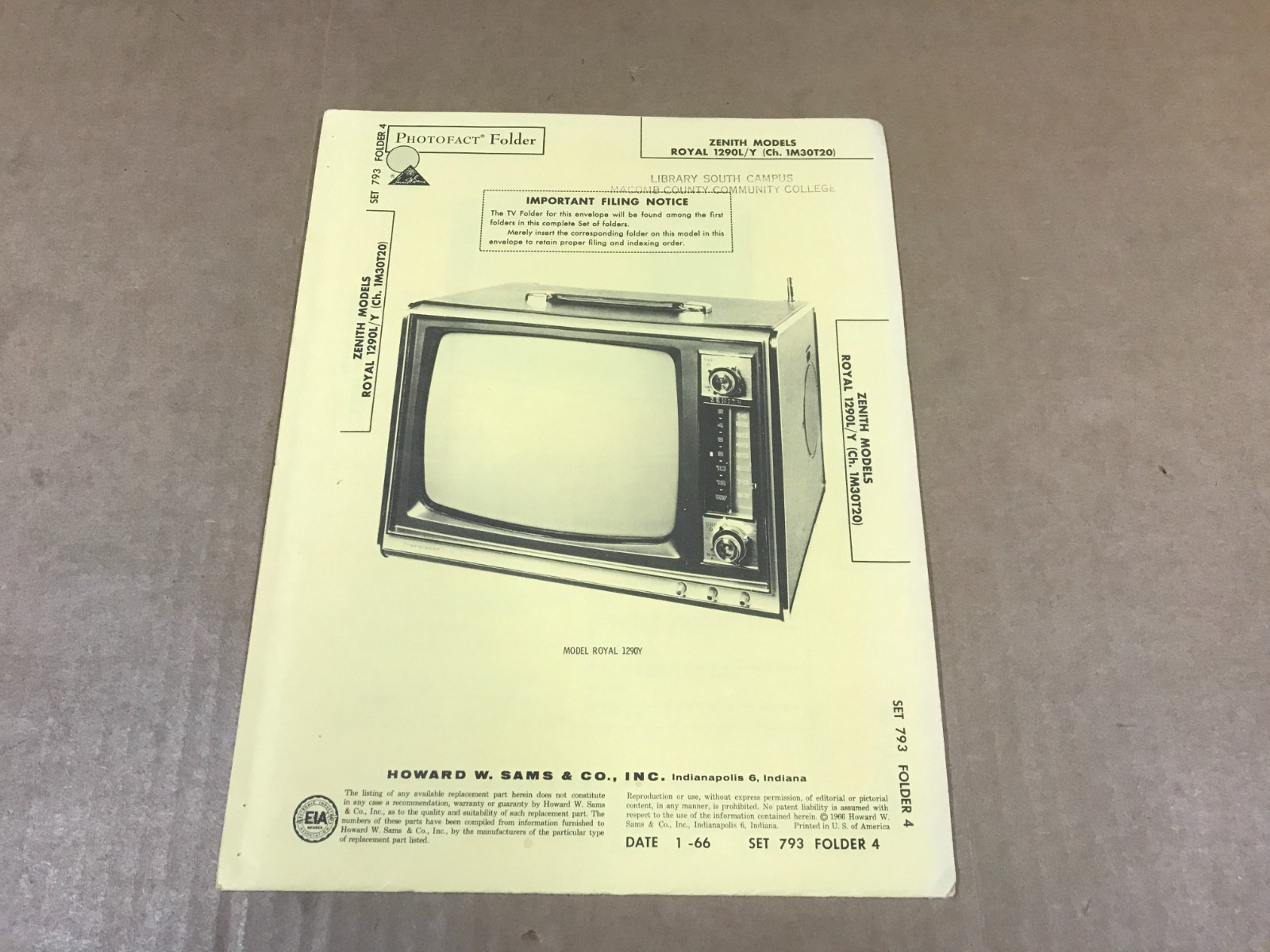 Vintage Photofact Folder - 793-4 - Zenith TV Models Royal 1290L/Y