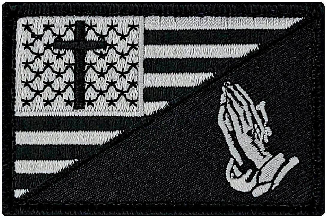 Praying Hand Cross USA Flag Subdued Patch ||2PC Hook Backing 3"x2"
