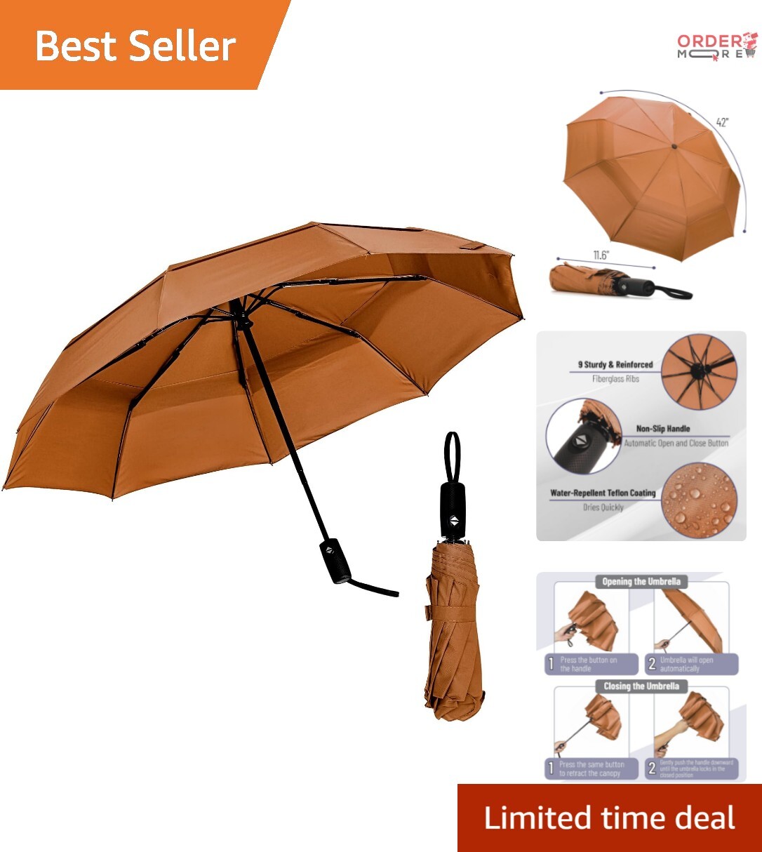 42-Inch Automatic Windproof Umbrella for Reliable Rain Coverage - Tawny Glow