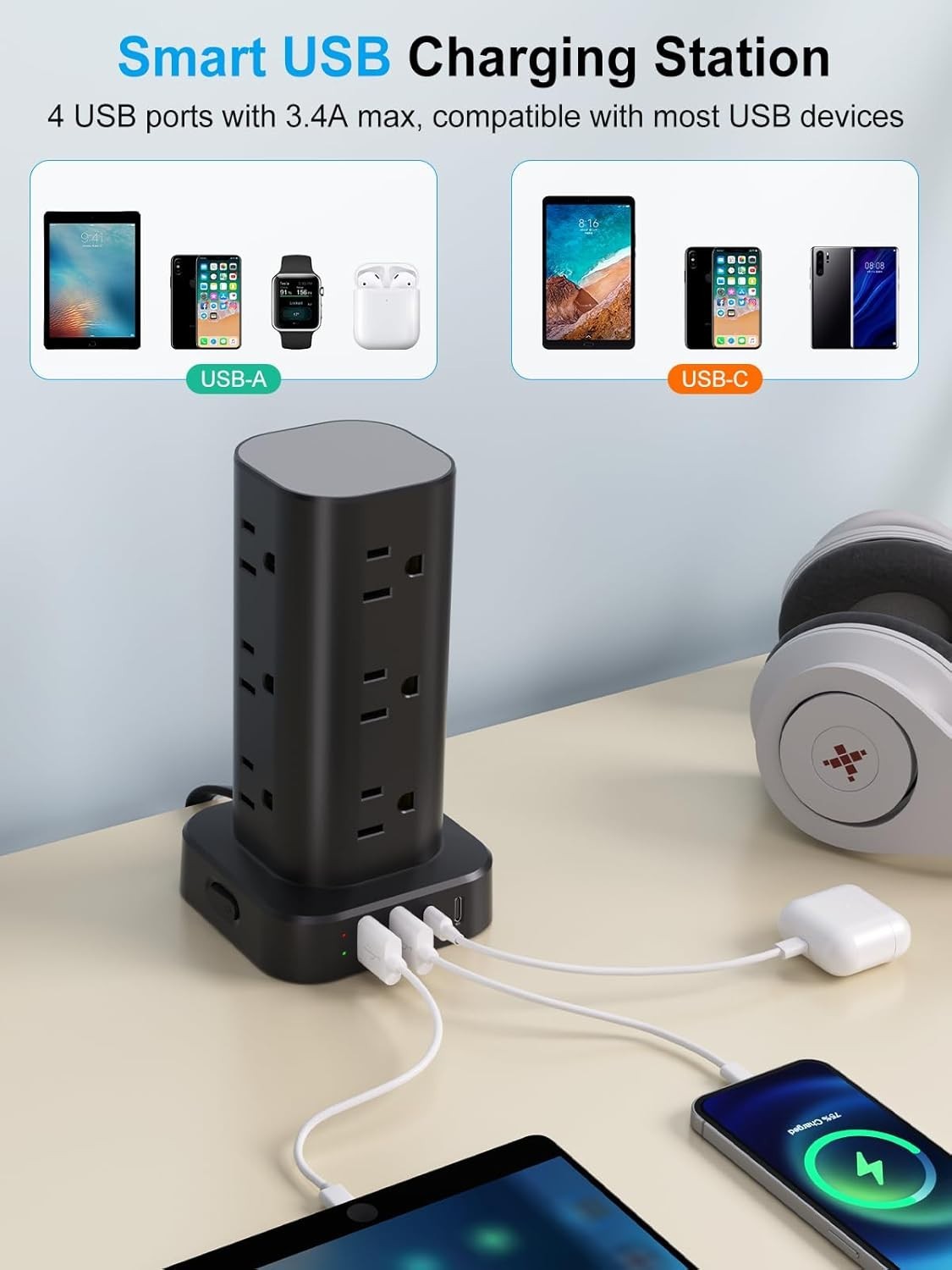 vertical Power Strip Tower with Multiple Outlets