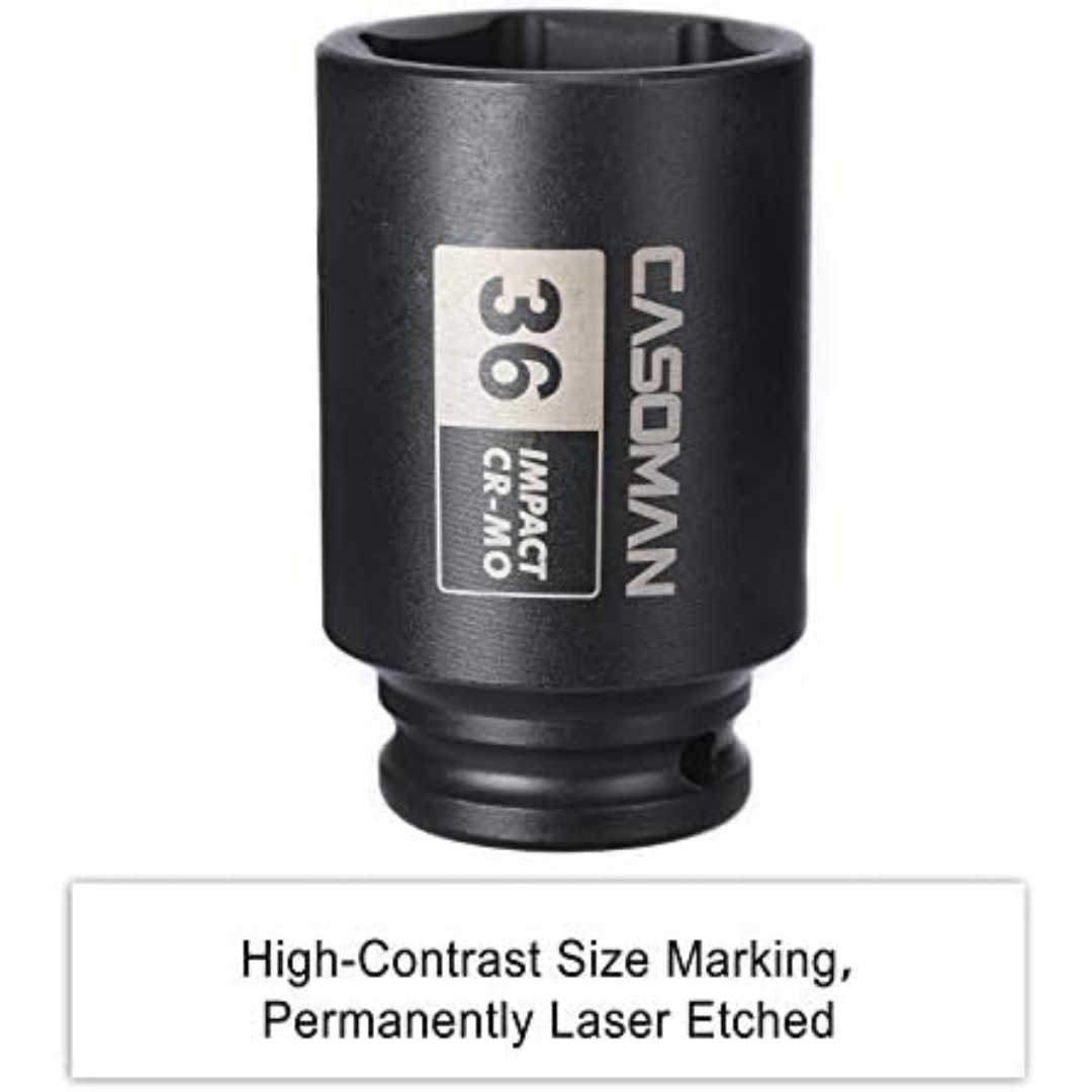 1/2" Drive X 36 Mm Deep 6 PT Impact Socket, CR-MO, Drive 6 Point Axle Nut Socket