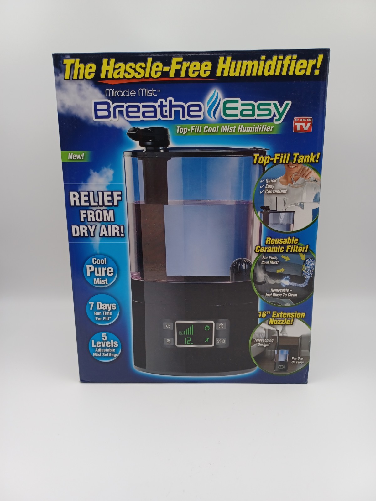 Miracle Mist Breathe Easy Top‑Fill Cool Mist Humidifier w/ Extension Nozzle