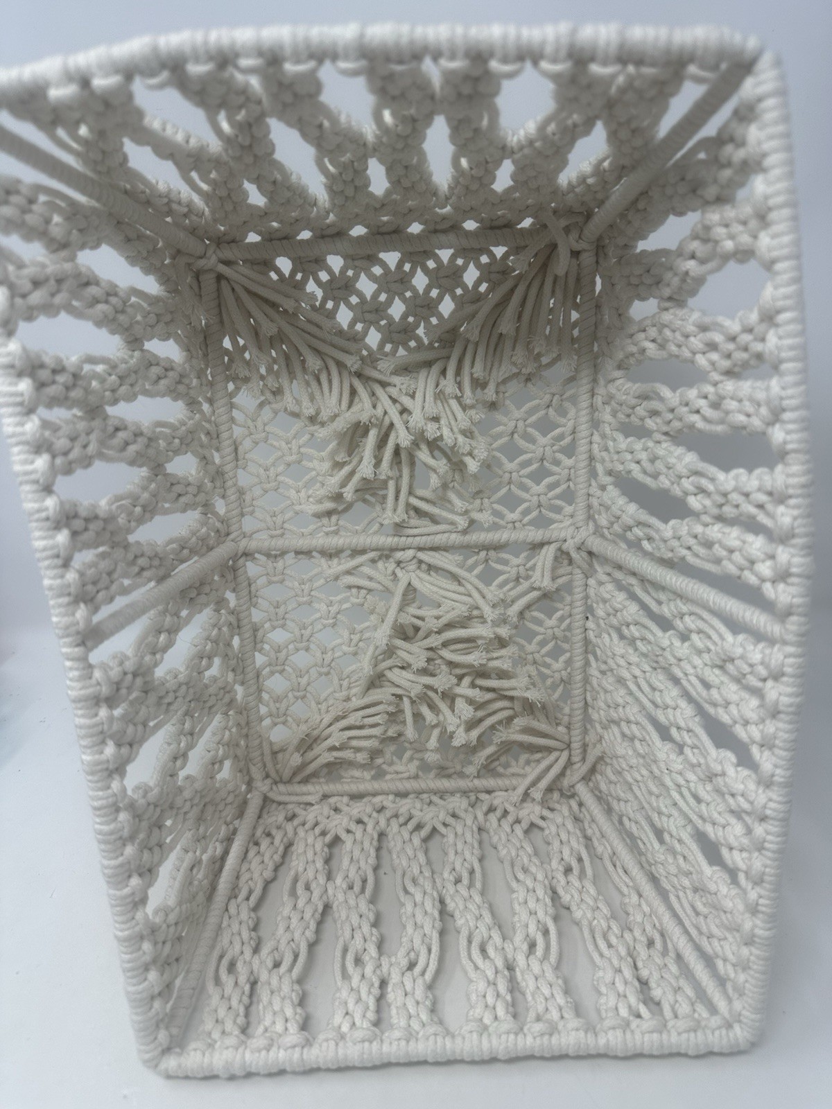 Handmade woven macrame basket 13X9X6" White new Storage Desk Organizer