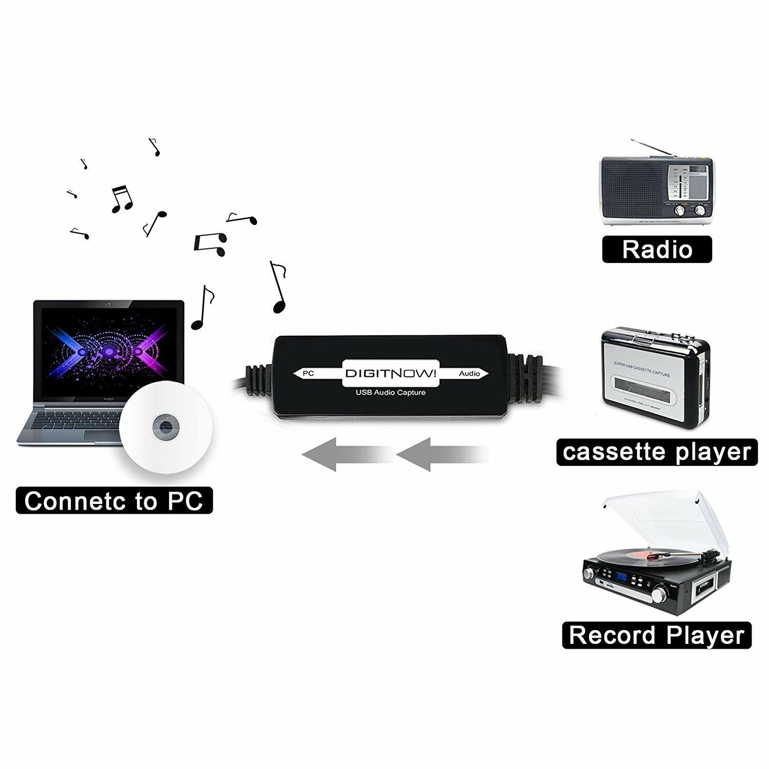 USB Audio Capture Card Grabber for Vinyl Cassette Tapes to Digital MP3 Converter