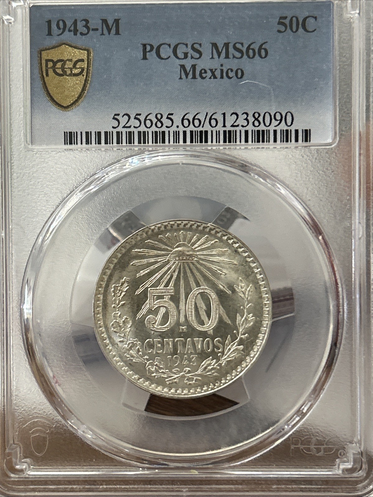 1943 M Mexico 50 Centavos Silver PCGS MS 66 Beautiful White Silver Gem BU Coin.