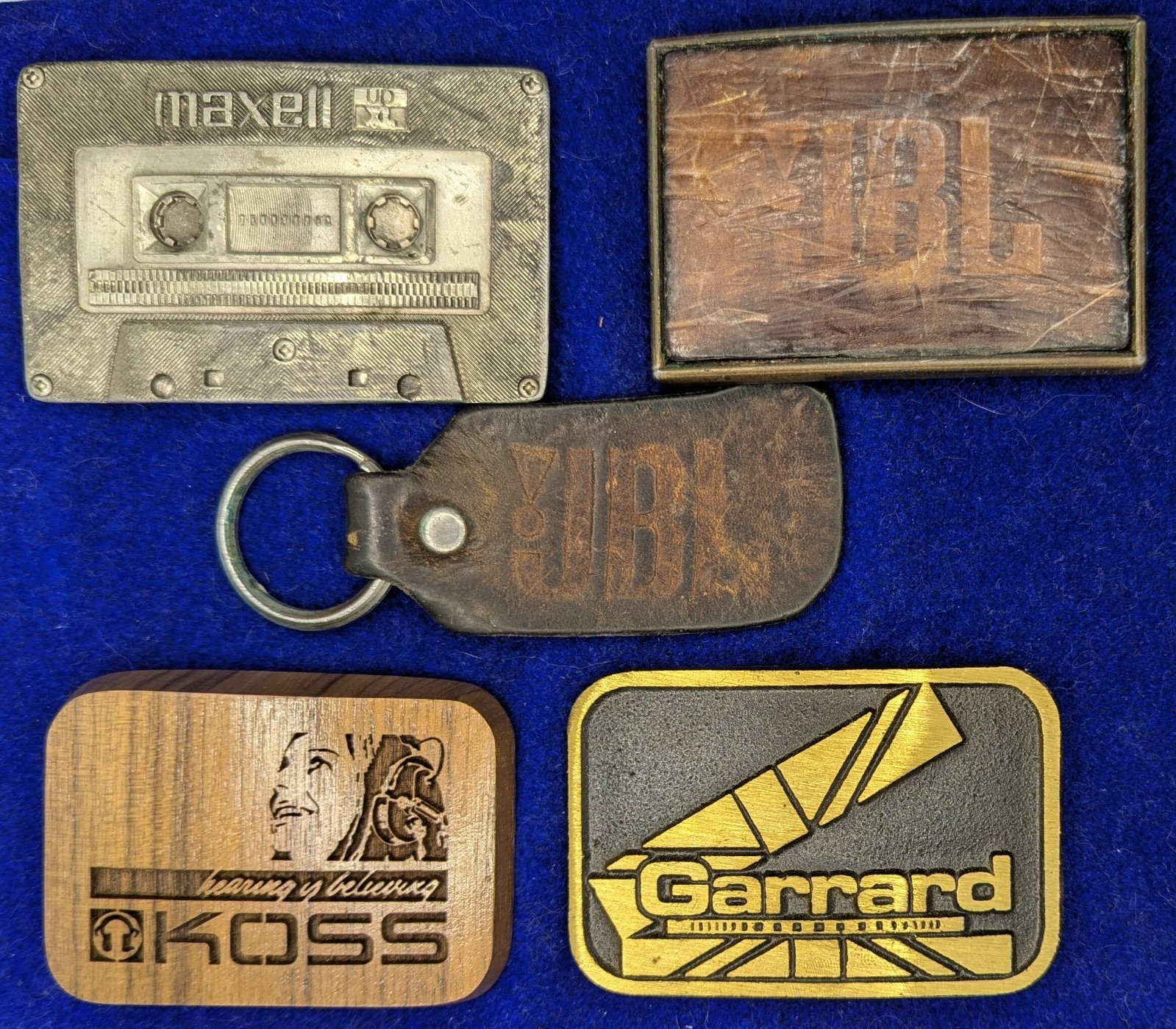 Four Vintage Audio Belt Buckles Maxell Koss Garrard and JBL with a Key FOB