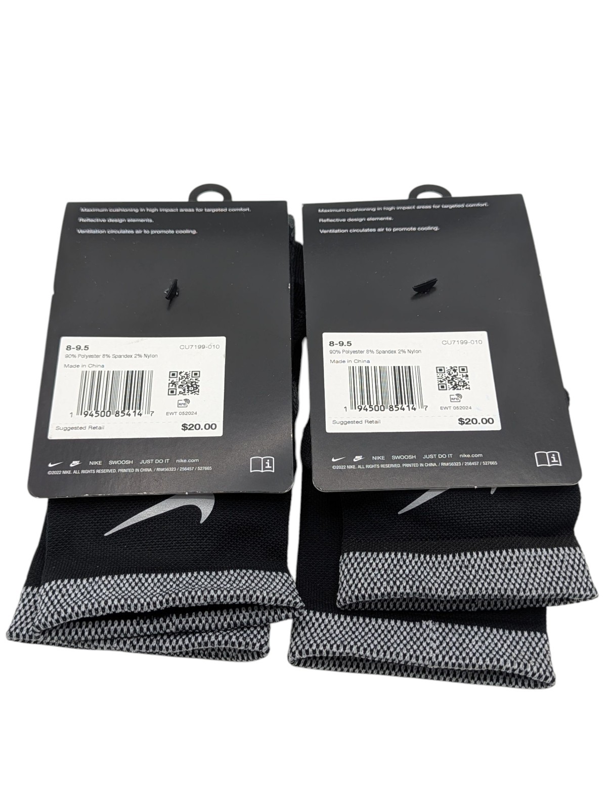 2 Pair Nike Spark Dri-Fit Cushioned Running Ankle Socks Black Mens Size 8-9.5