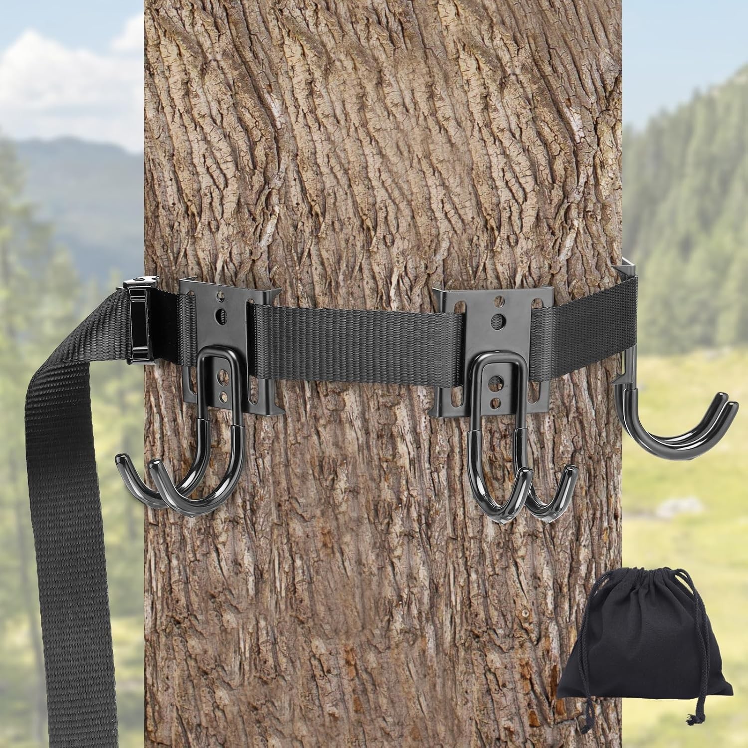 Tree Stand Gear Hangers with 3 Metal Hooks - Thick Strap Bow Hanger for Hunting