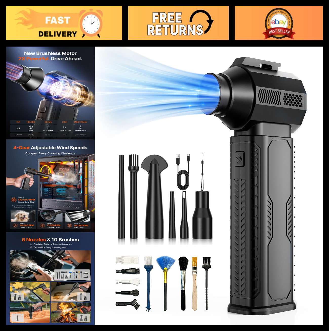 Ultra-Powerful Compressed Air Duster 130,000RPM | Cordless Rechargeable Blower,