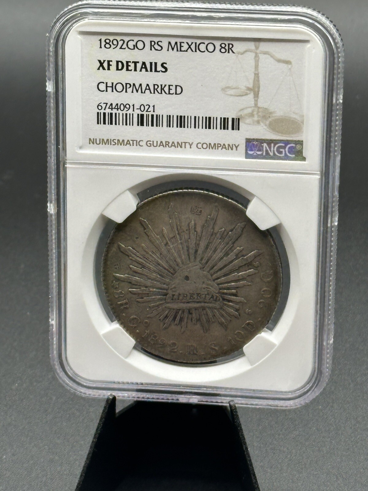 1892-GO RS NGC Xf Feta| REPUBLIC of MEXICO - Silver Eight Reales 8R Chopmarked