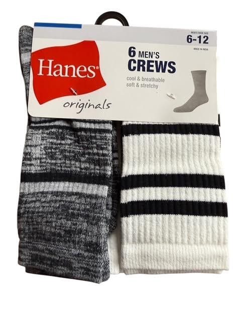 Hanes Originals Men’s Crew Socks 6-Pairs Size 6-12