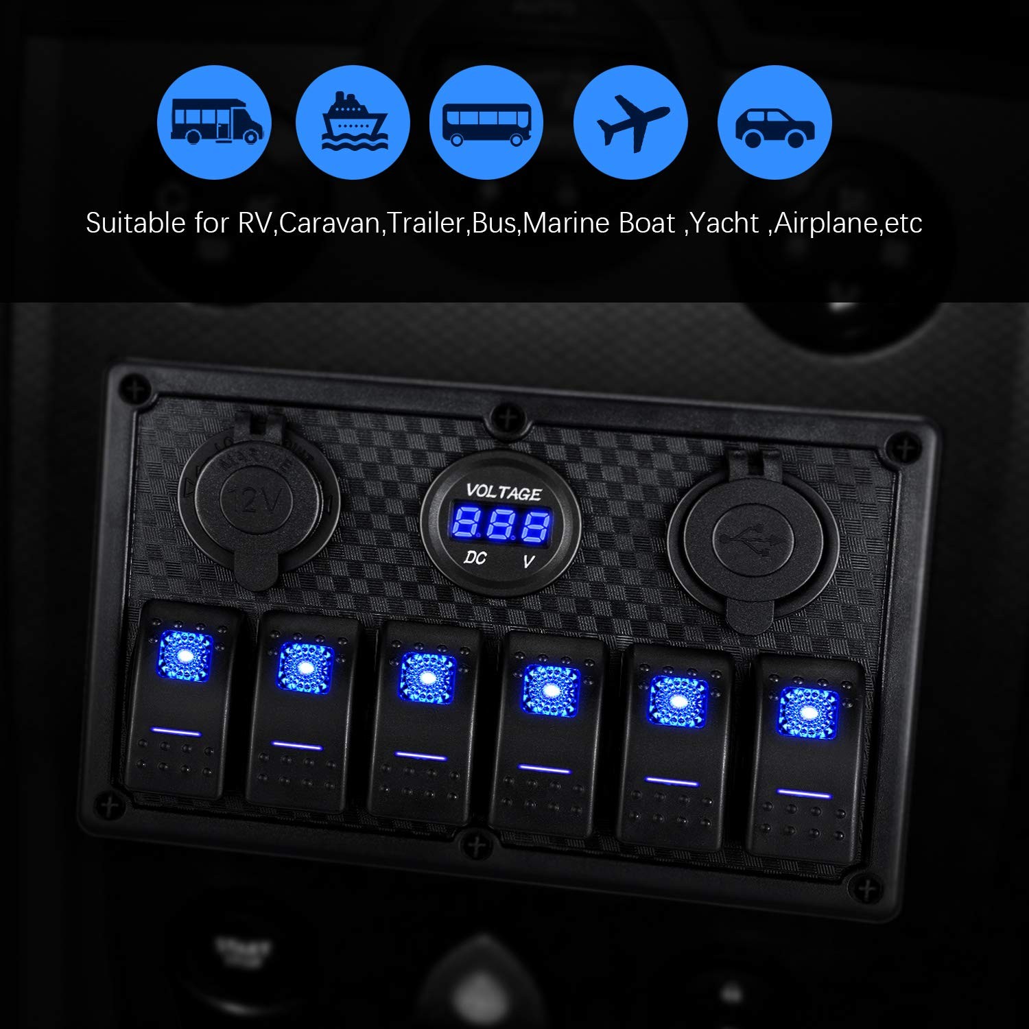 Panel de interruptores 6 vías 12V impermeable con USB y voltímetro