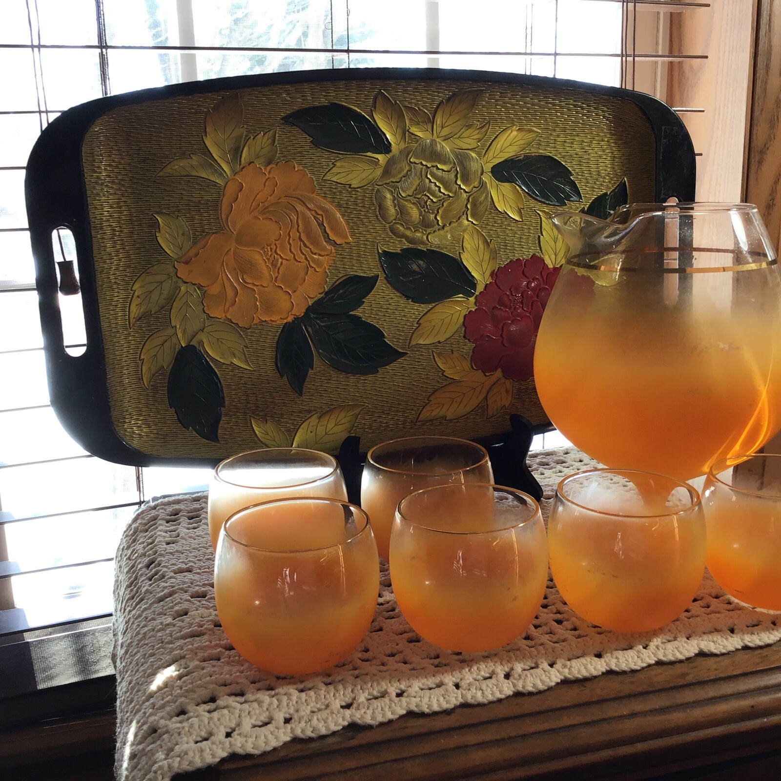 Vintage MCM orange Blendo brandy cocktail snifter pitcher & 6 roly poly glasses