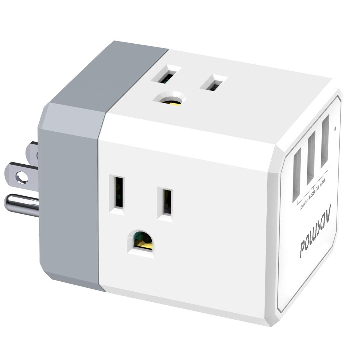 3-Outlet USB Wall Charger and Extender with 3-Way Splitter, 3U/White, Grey